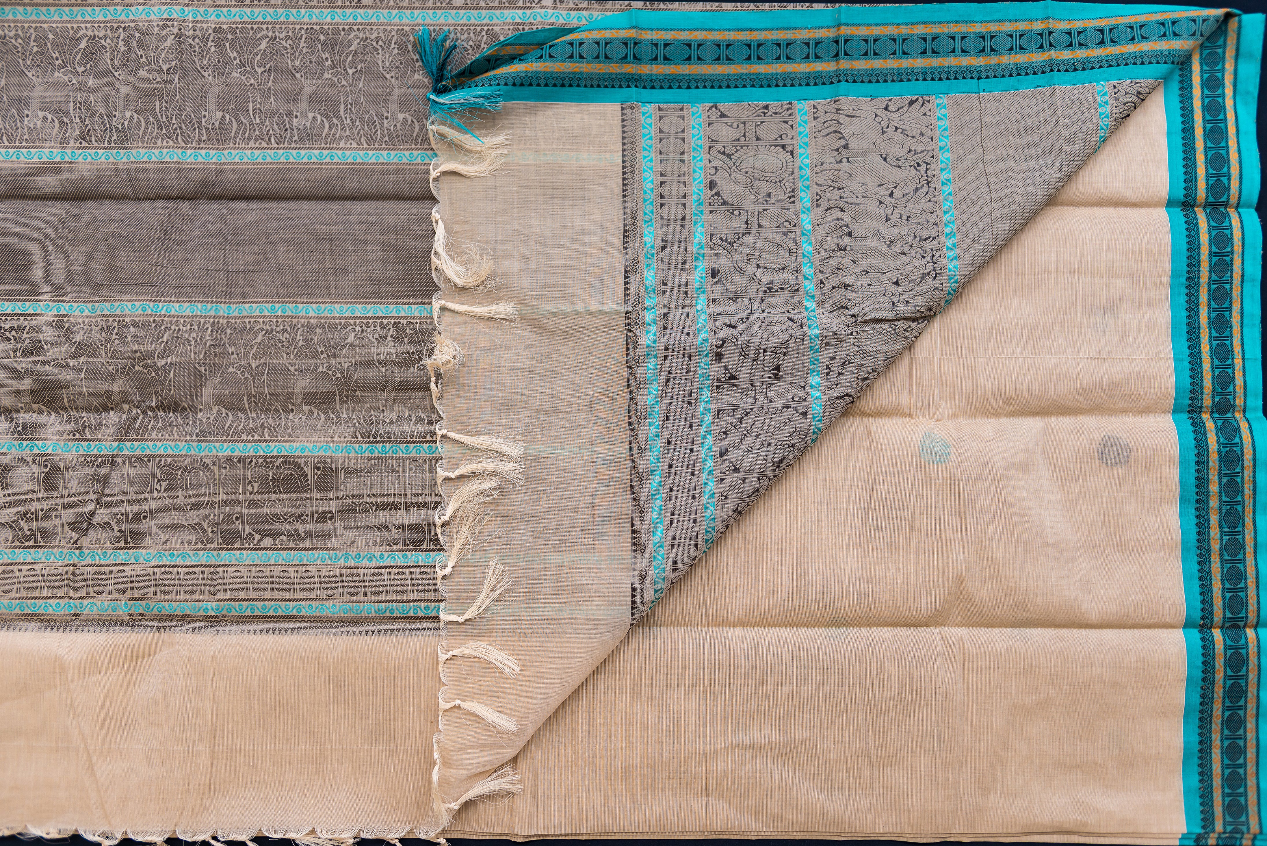 Elegant Beige Kanchi Cotton Threadwork Saree with Aqua and Black Accents