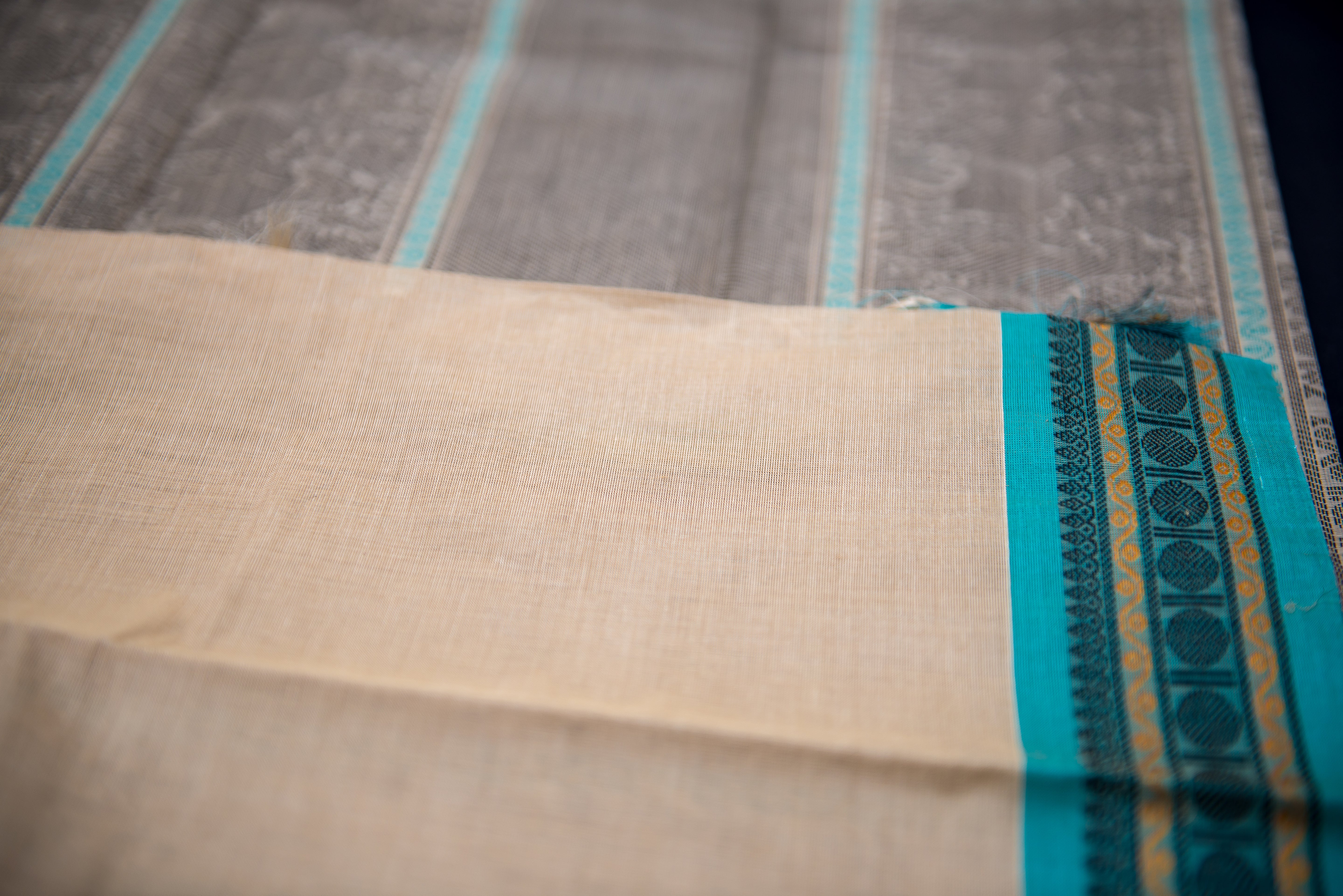 Elegant Beige Kanchi Cotton Threadwork Saree with Aqua and Black Accents
