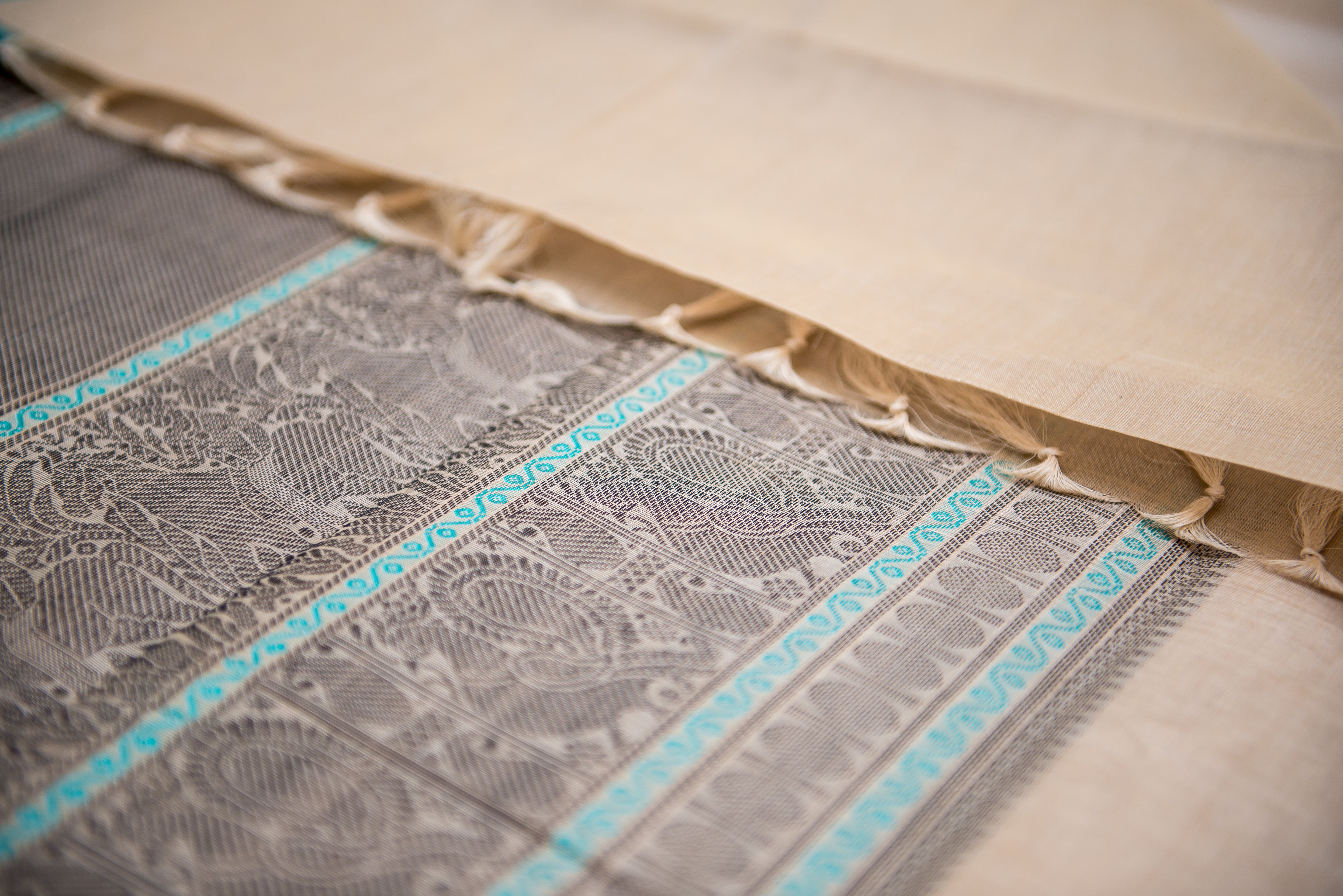 Elegant Beige Kanchi Cotton Threadwork Saree with Aqua and Black Accents