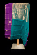 Luxurious Teal and Royal Purple Kanchi Cotton Saree with Gold Zari