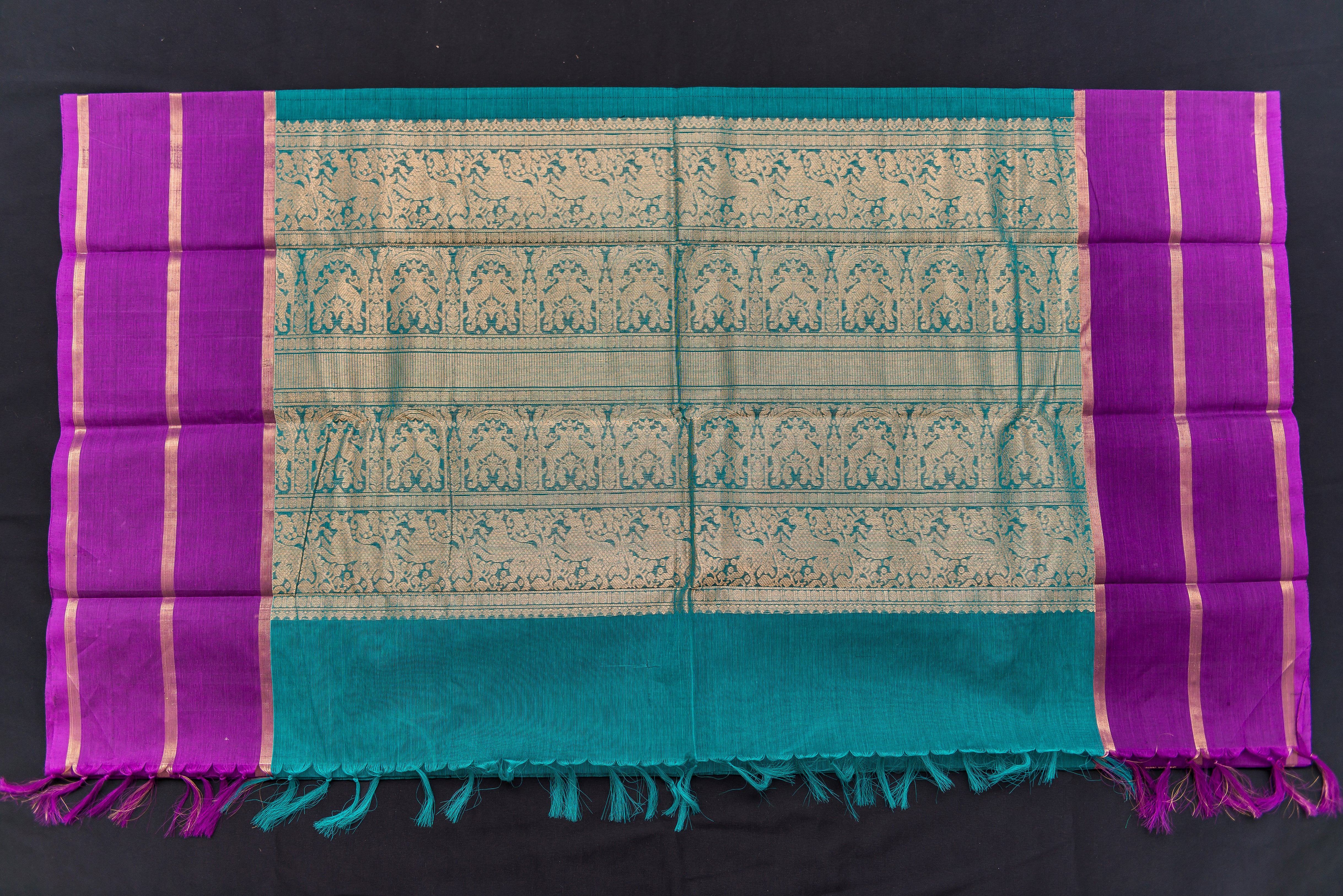 Luxurious Teal and Royal Purple Kanchi Cotton Saree with Gold Zari