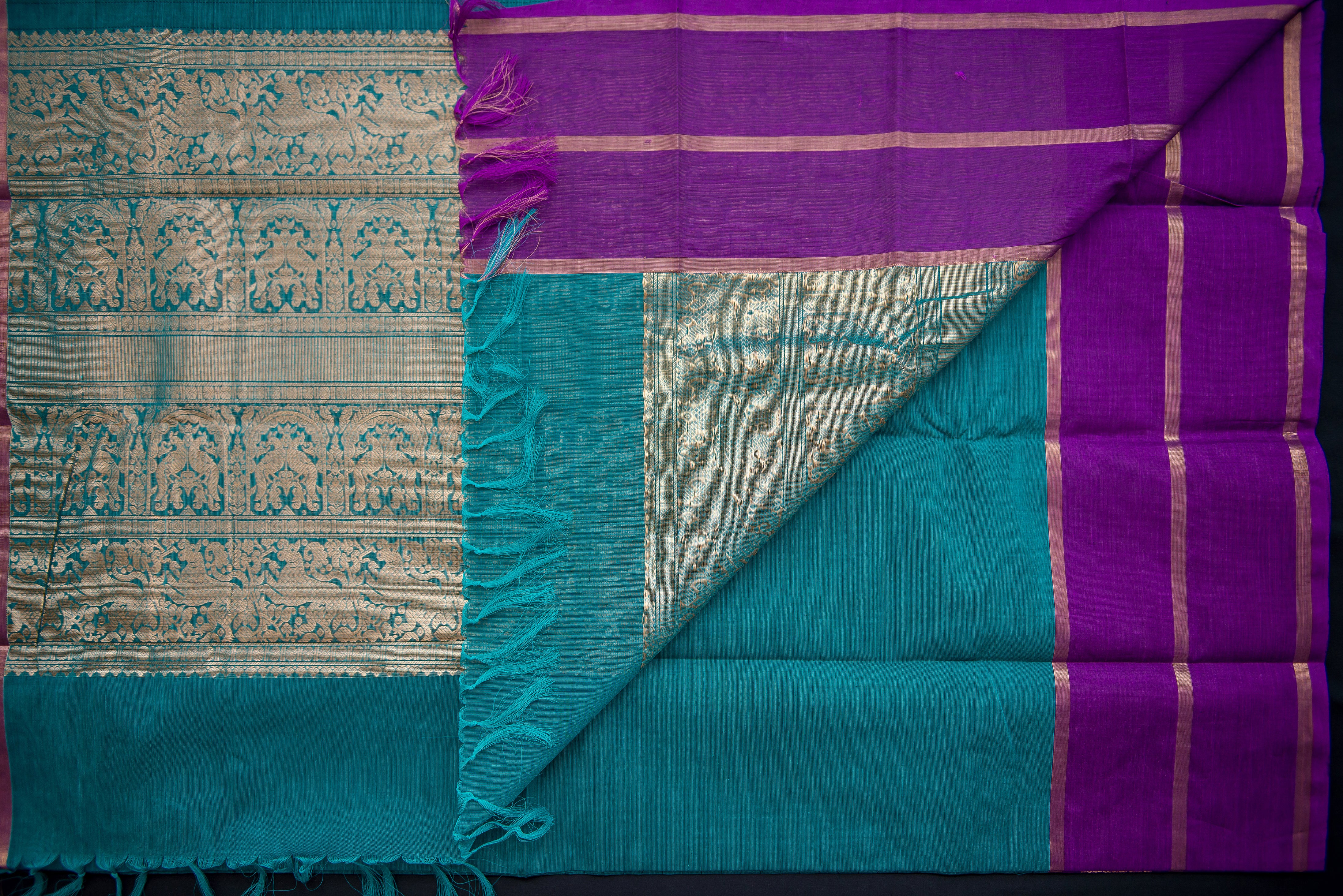 Luxurious Teal and Royal Purple Kanchi Cotton Saree with Gold Zari