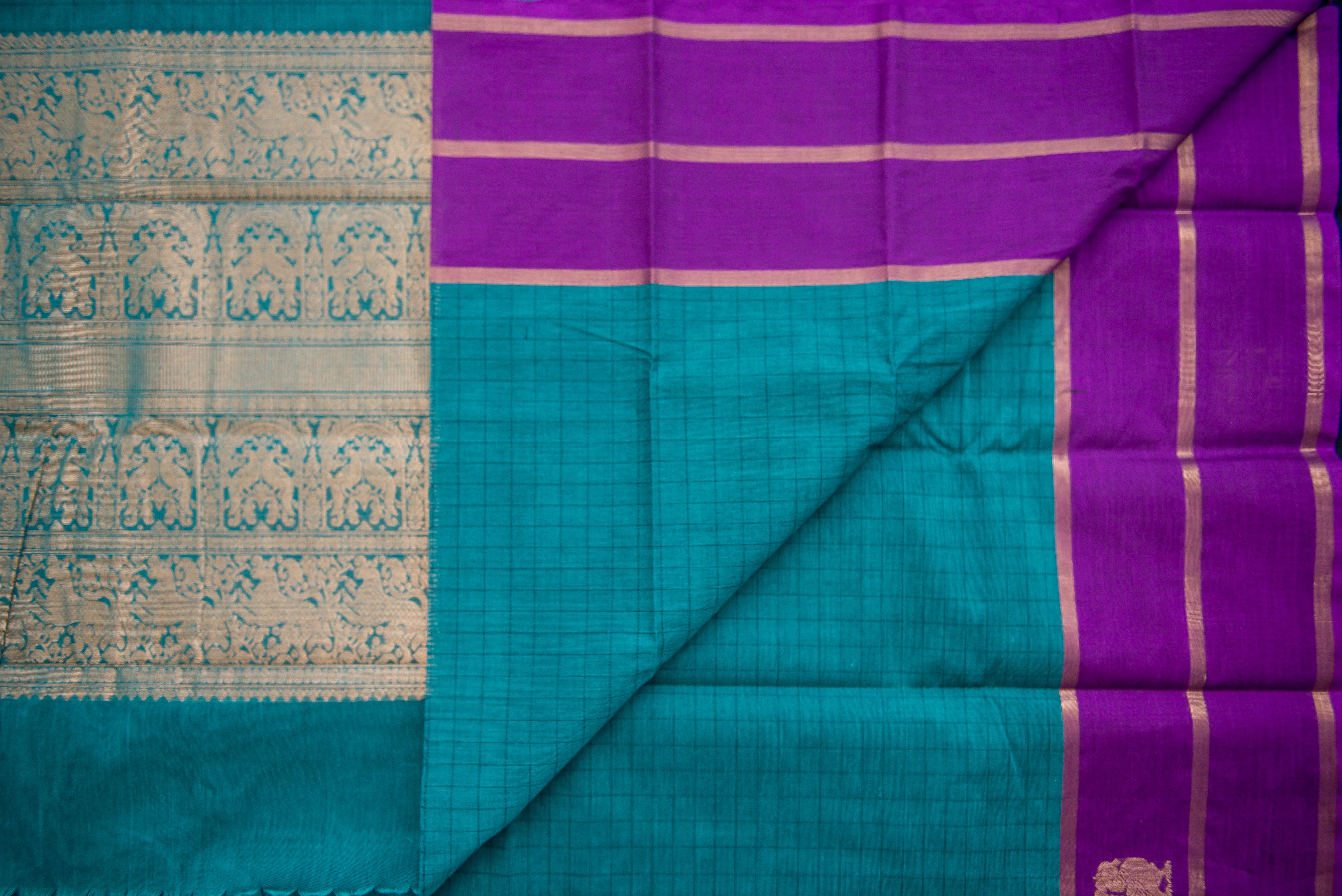 Luxurious Teal and Royal Purple Kanchi Cotton Saree with Gold Zari