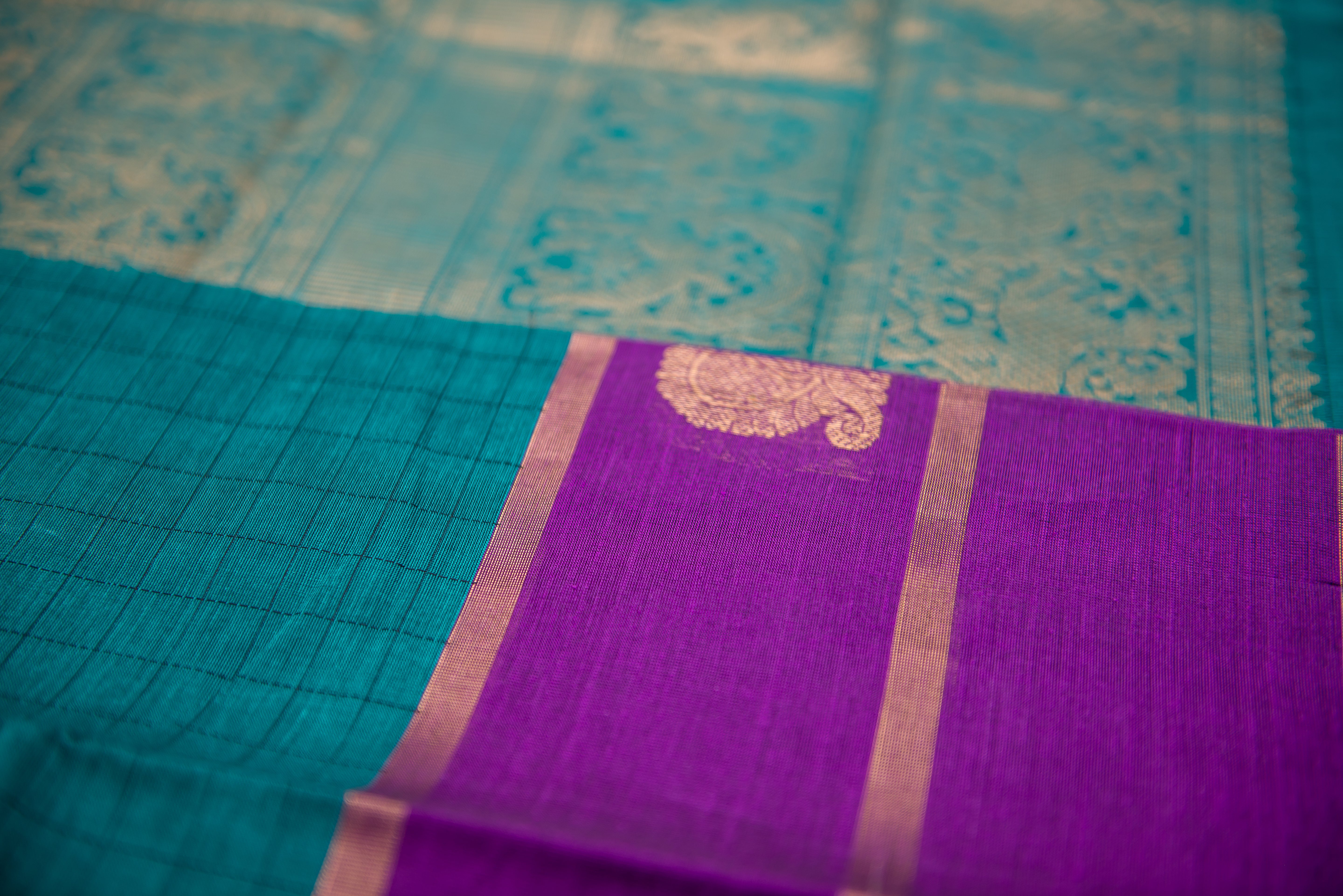 Luxurious Teal and Royal Purple Kanchi Cotton Saree with Gold Zari