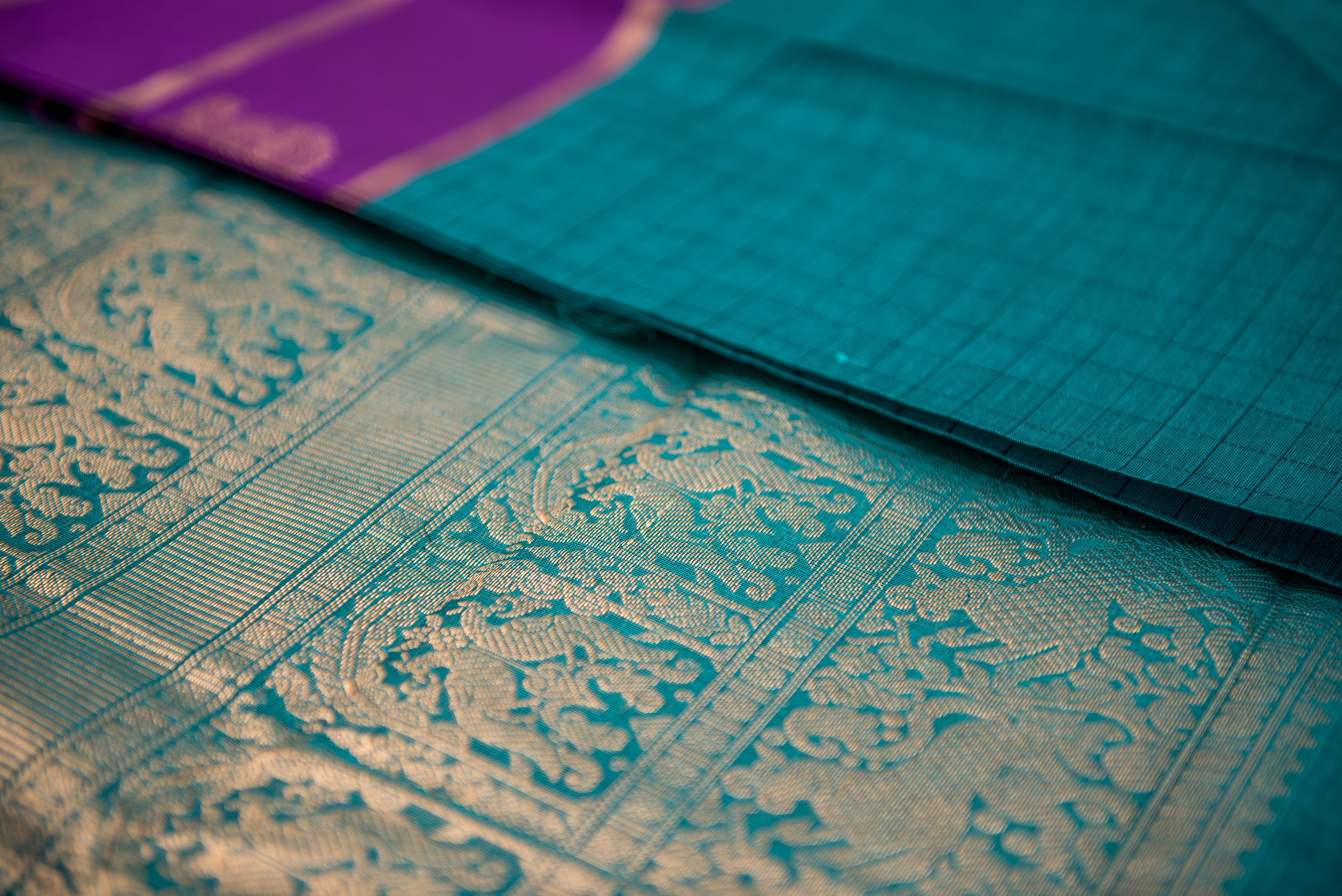 Luxurious Teal and Royal Purple Kanchi Cotton Saree with Gold Zari