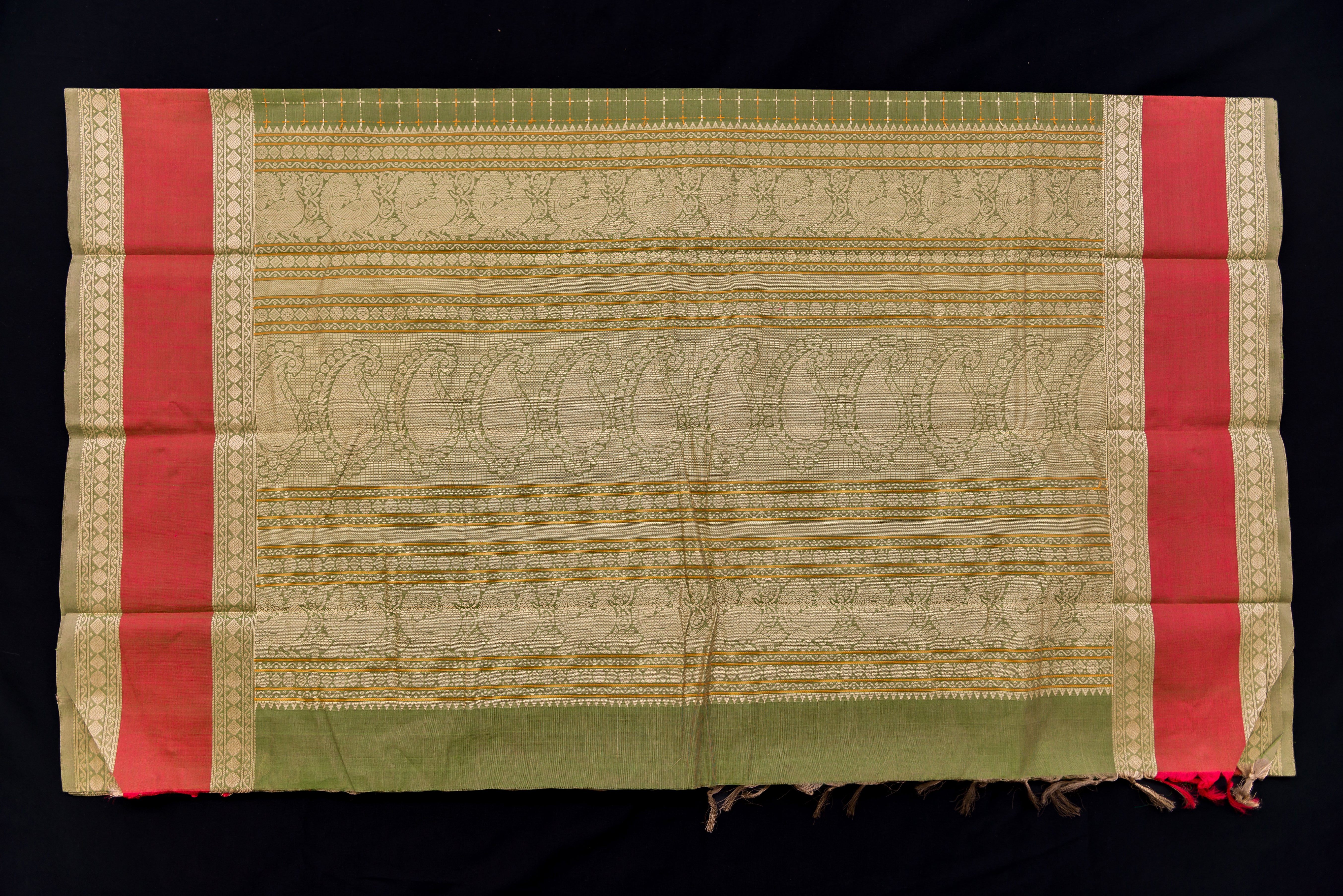 Elegant Olive Green Kanchi Cotton Saree with Threadwork Pallu