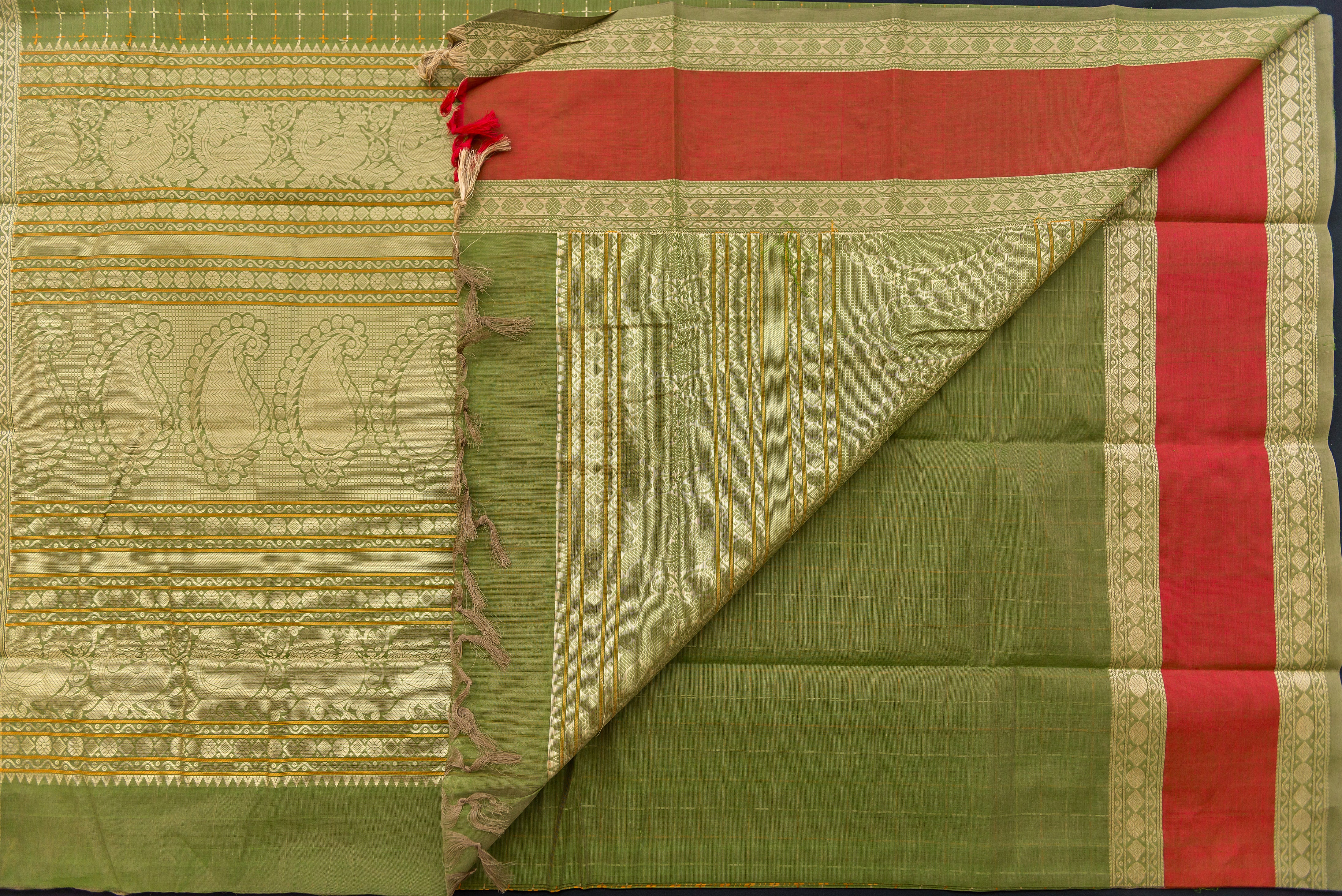 Elegant Olive Green Kanchi Cotton Saree with Threadwork Pallu