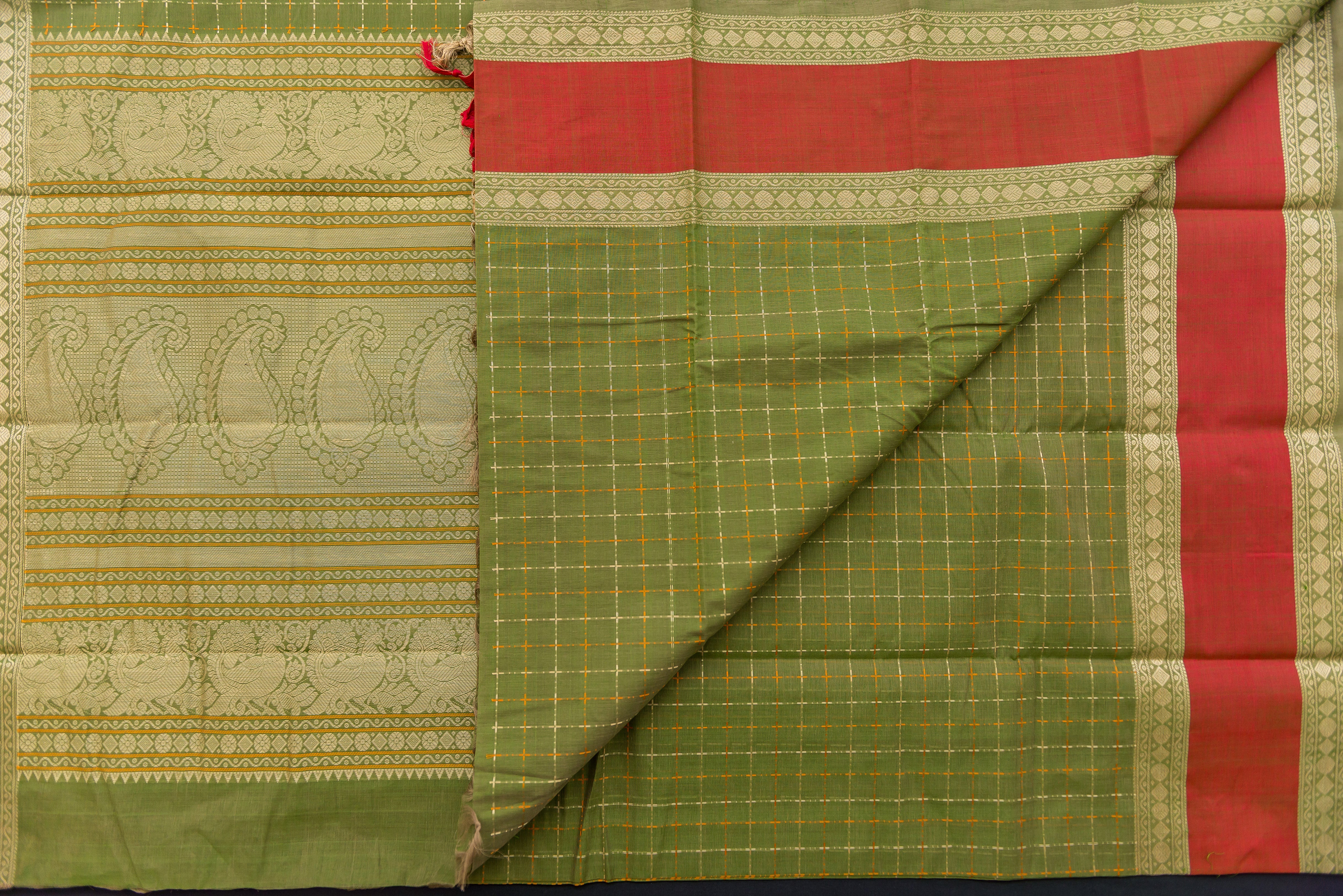 Elegant Olive Green Kanchi Cotton Saree with Threadwork Pallu