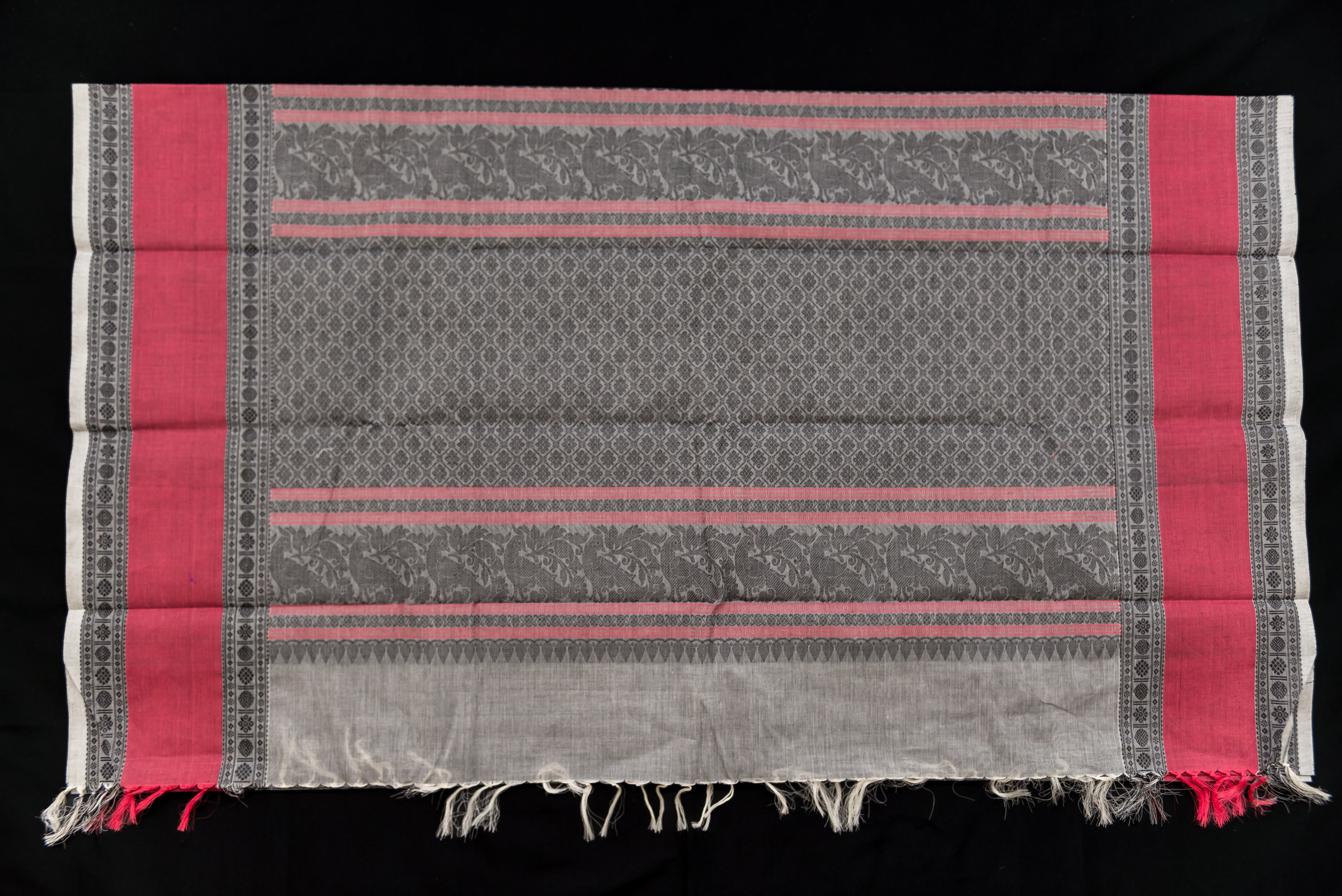 Sophisticated Ash Grey Kanchi Cotton Saree with Rani Pink Accents