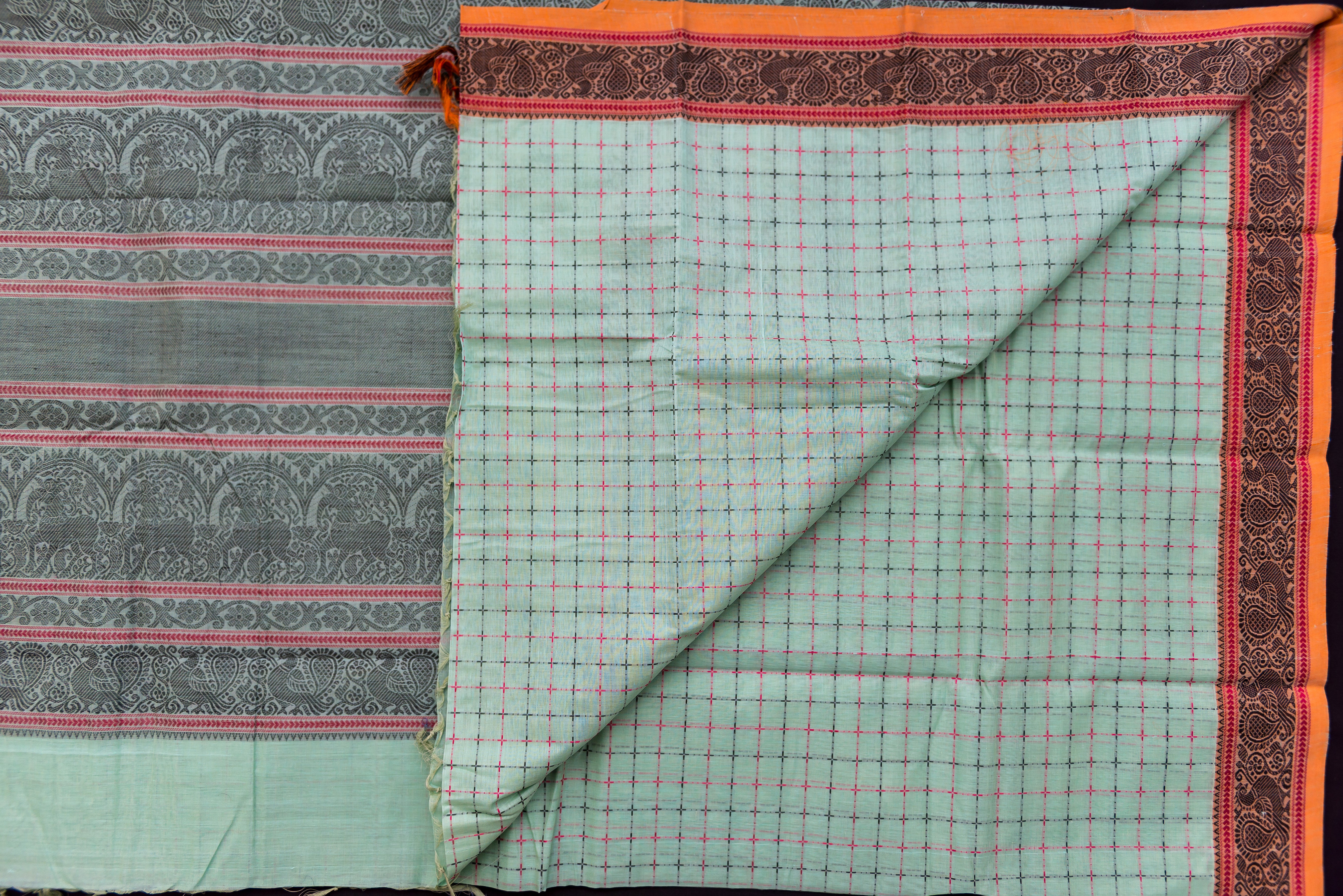 Serene Aqua Green Kanchi Cotton Saree with Threadwork Pallu