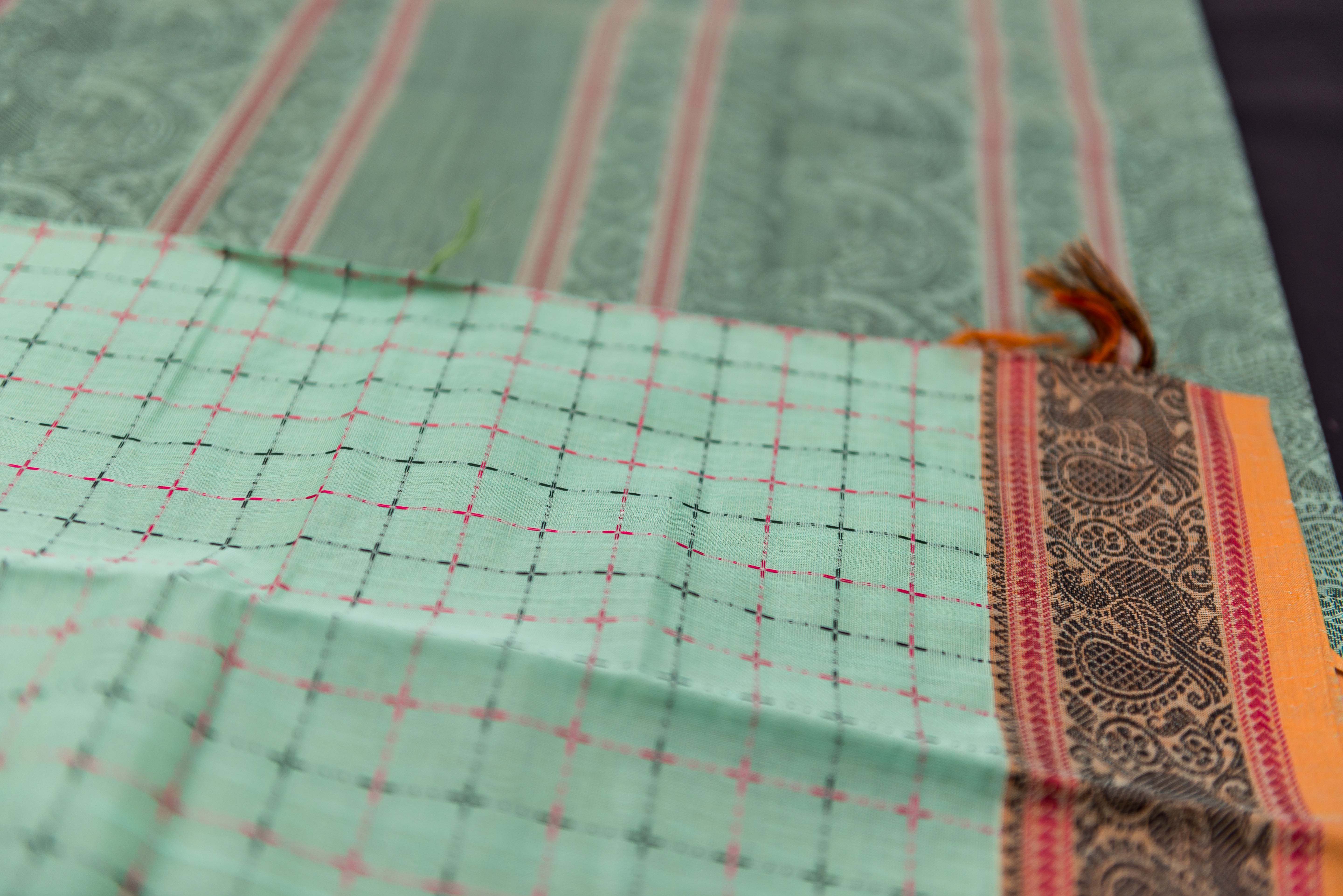 Serene Aqua Green Kanchi Cotton Saree with Threadwork Pallu