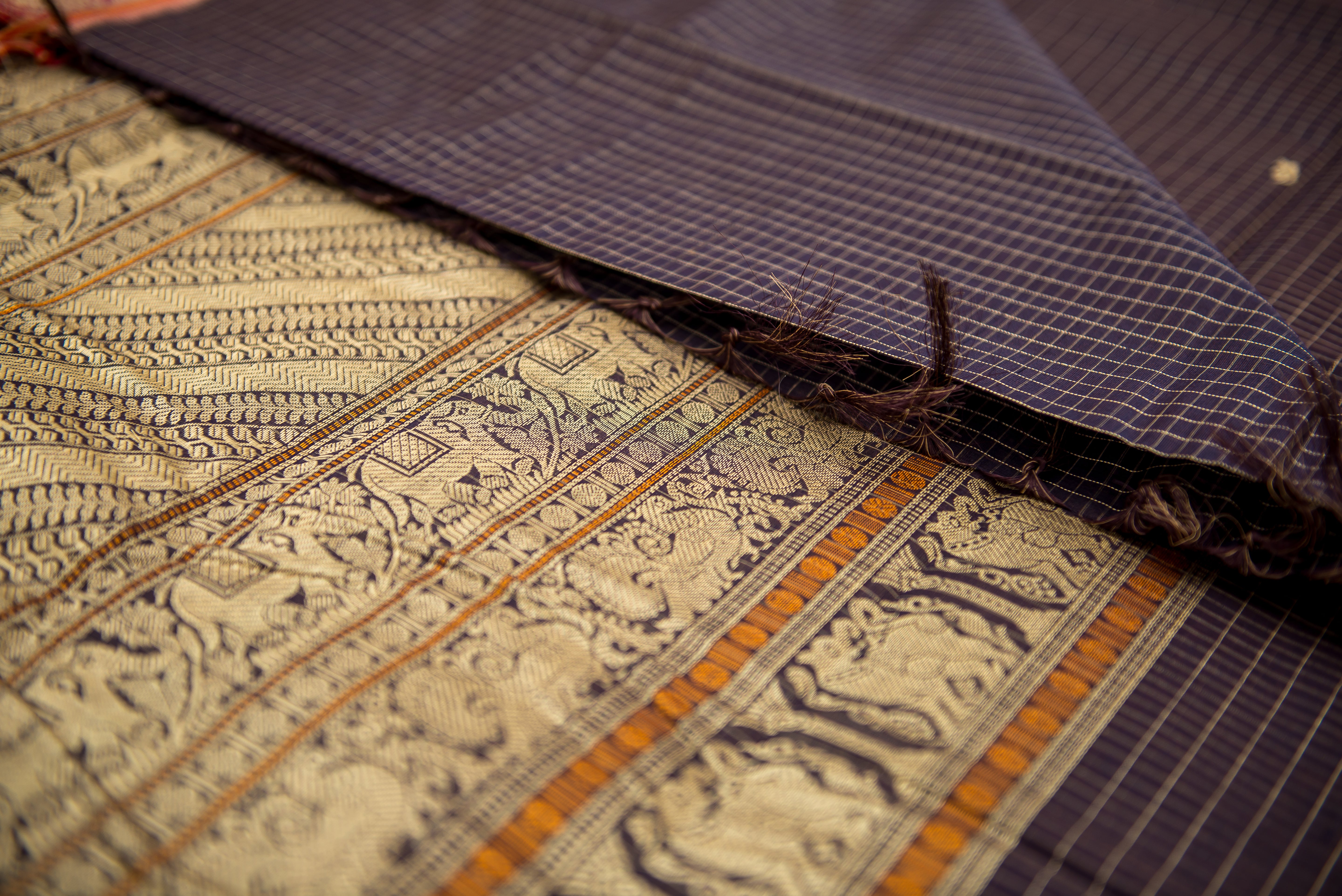 Royal Deep Purple Kanchi Cotton Saree with Antique Gold Pallu