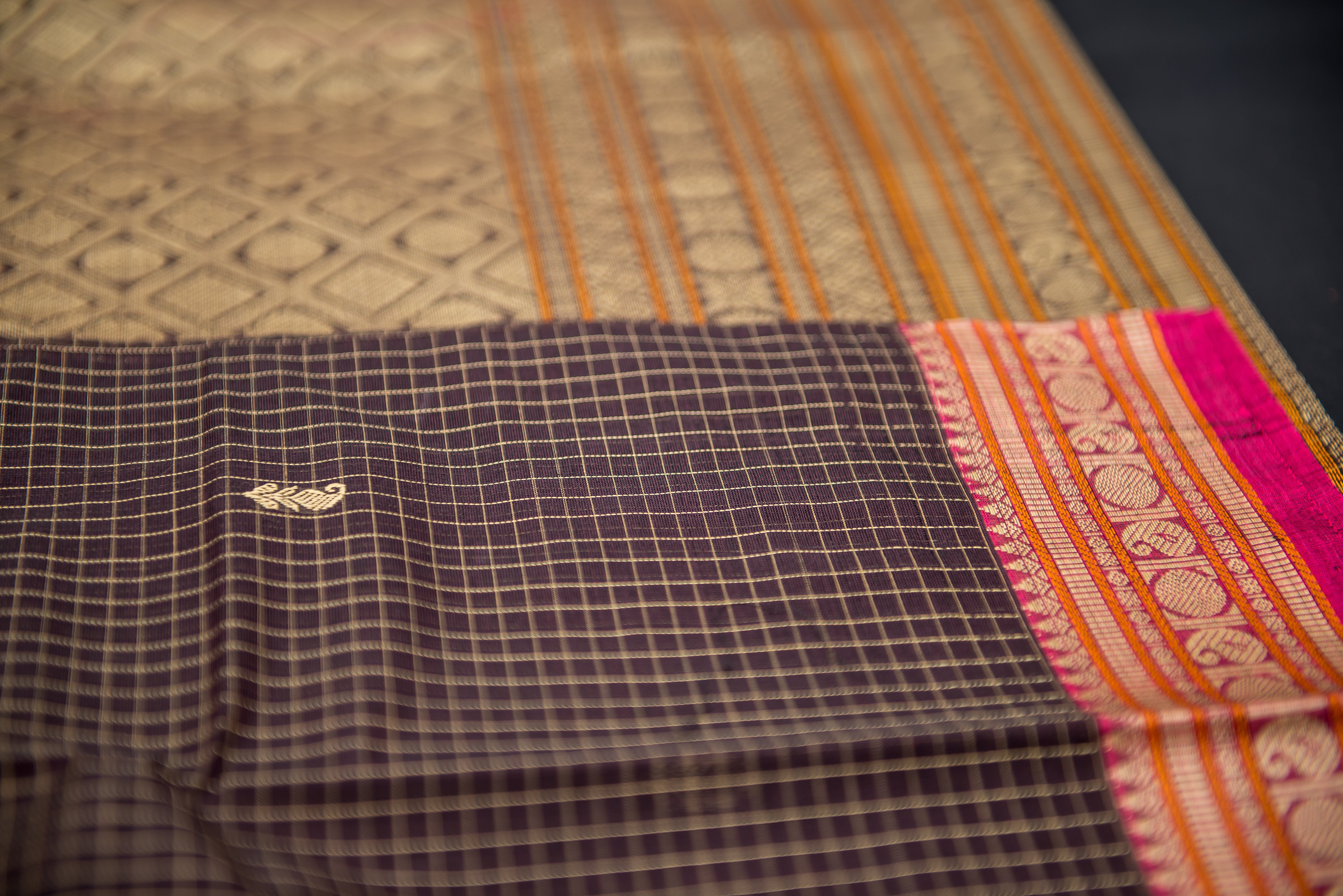 Brown Kanchi Cotton Saree with Geometric Zari Pallu