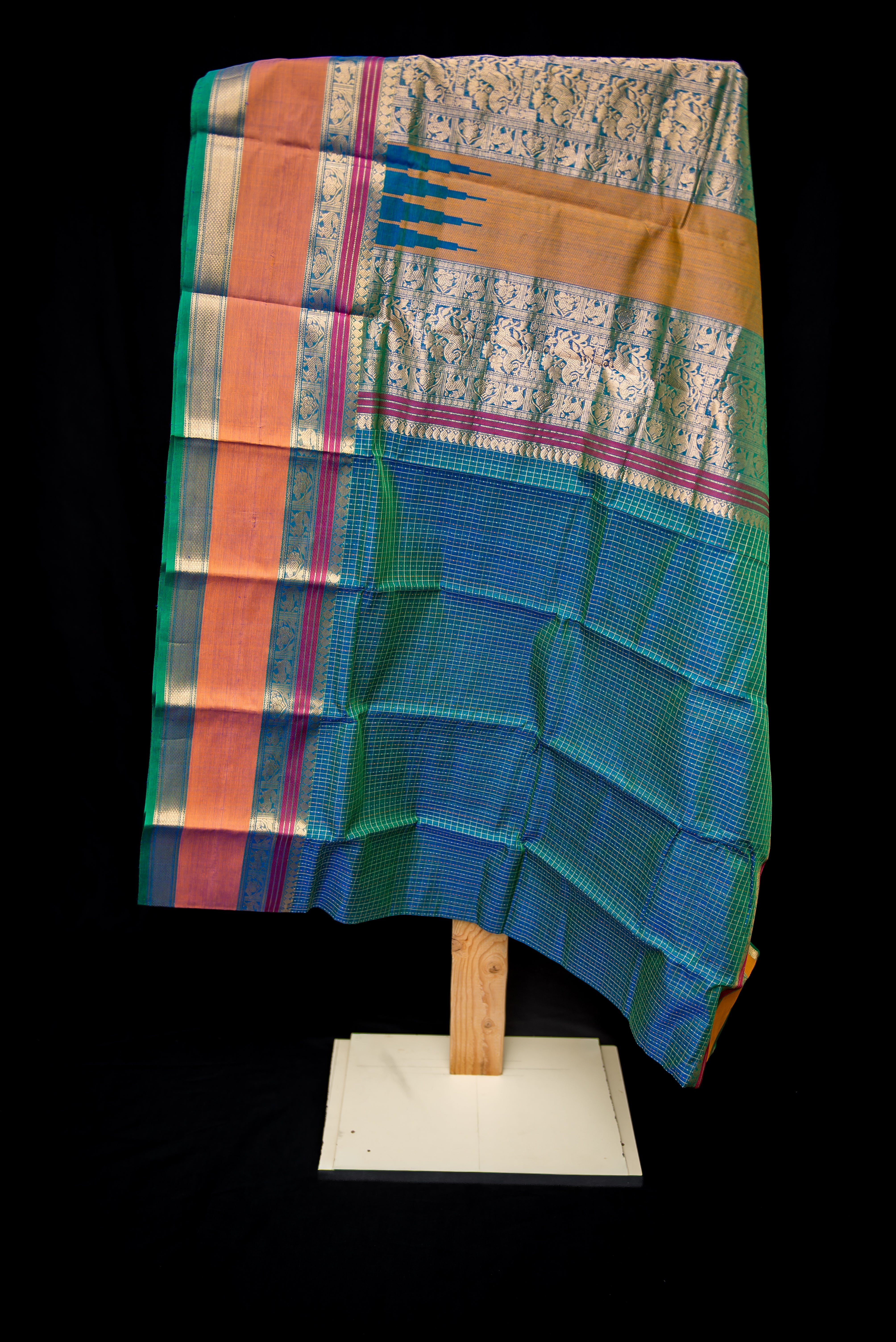 Striking Dual-Tone Peacock Blue Silk Cotton Saree with Mustard and Gold Pallu