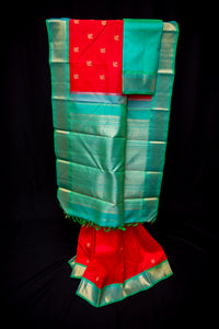 Striking Red Pure Silk Saree with Teal Pallu and Border