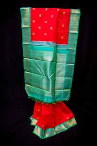 Striking Red Pure Silk Saree with Teal Pallu and Border