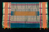 Striking Dual-Tone Peacock Blue Silk Cotton Saree with Mustard and Gold Pallu