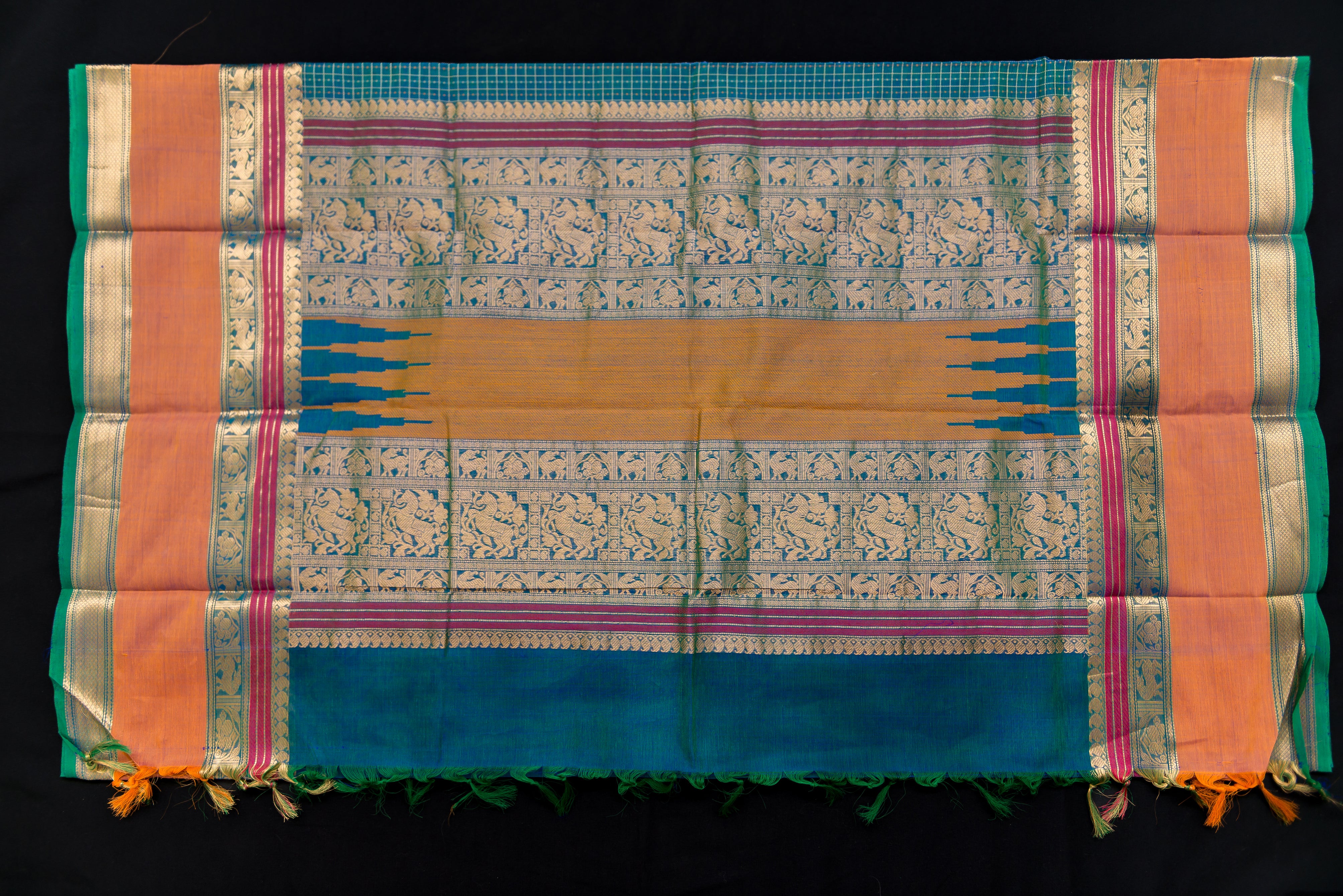 Striking Dual-Tone Peacock Blue Silk Cotton Saree with Mustard and Gold Pallu