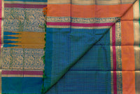 Striking Dual-Tone Peacock Blue Silk Cotton Saree with Mustard and Gold Pallu