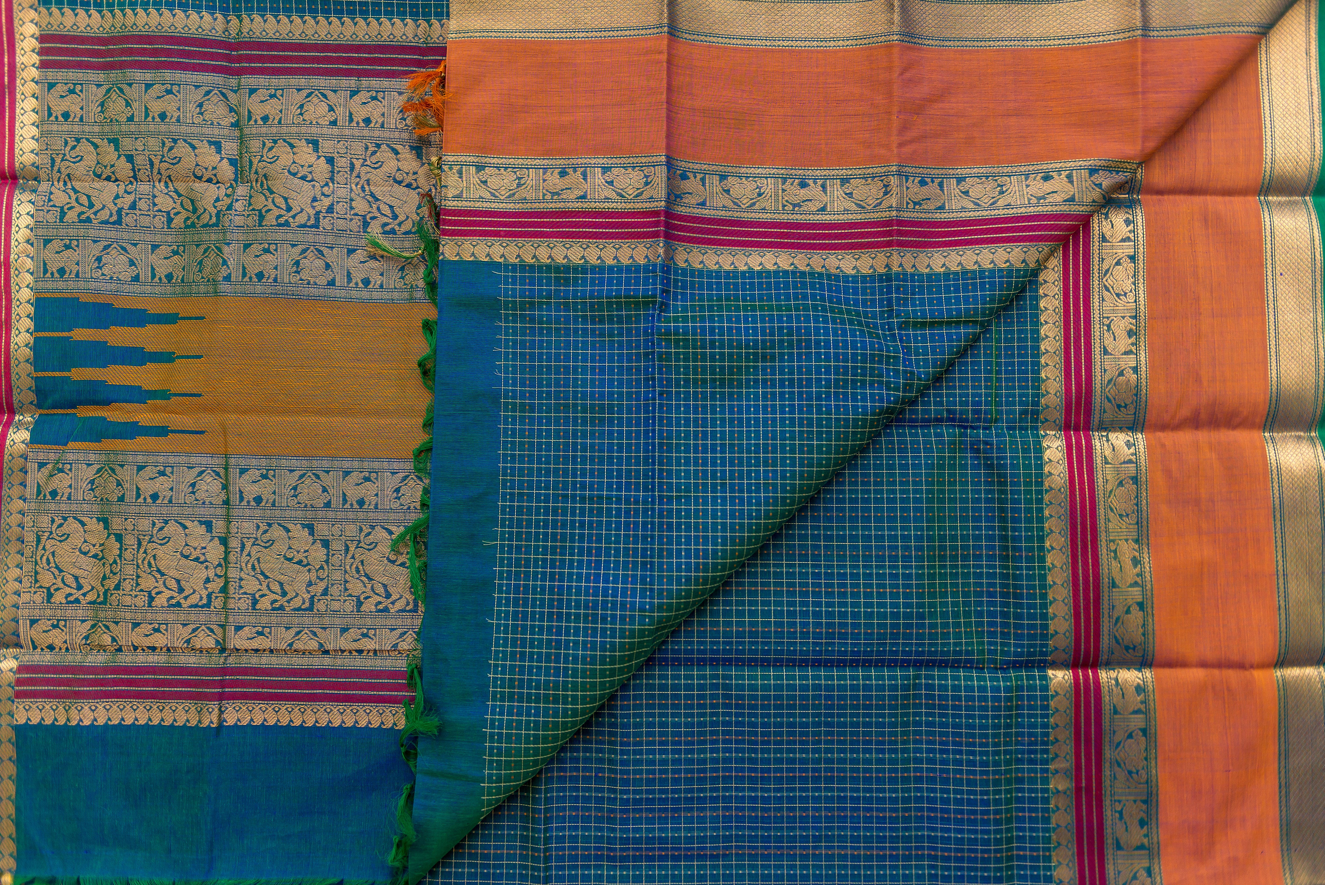 Striking Dual-Tone Peacock Blue Silk Cotton Saree with Mustard and Gold Pallu