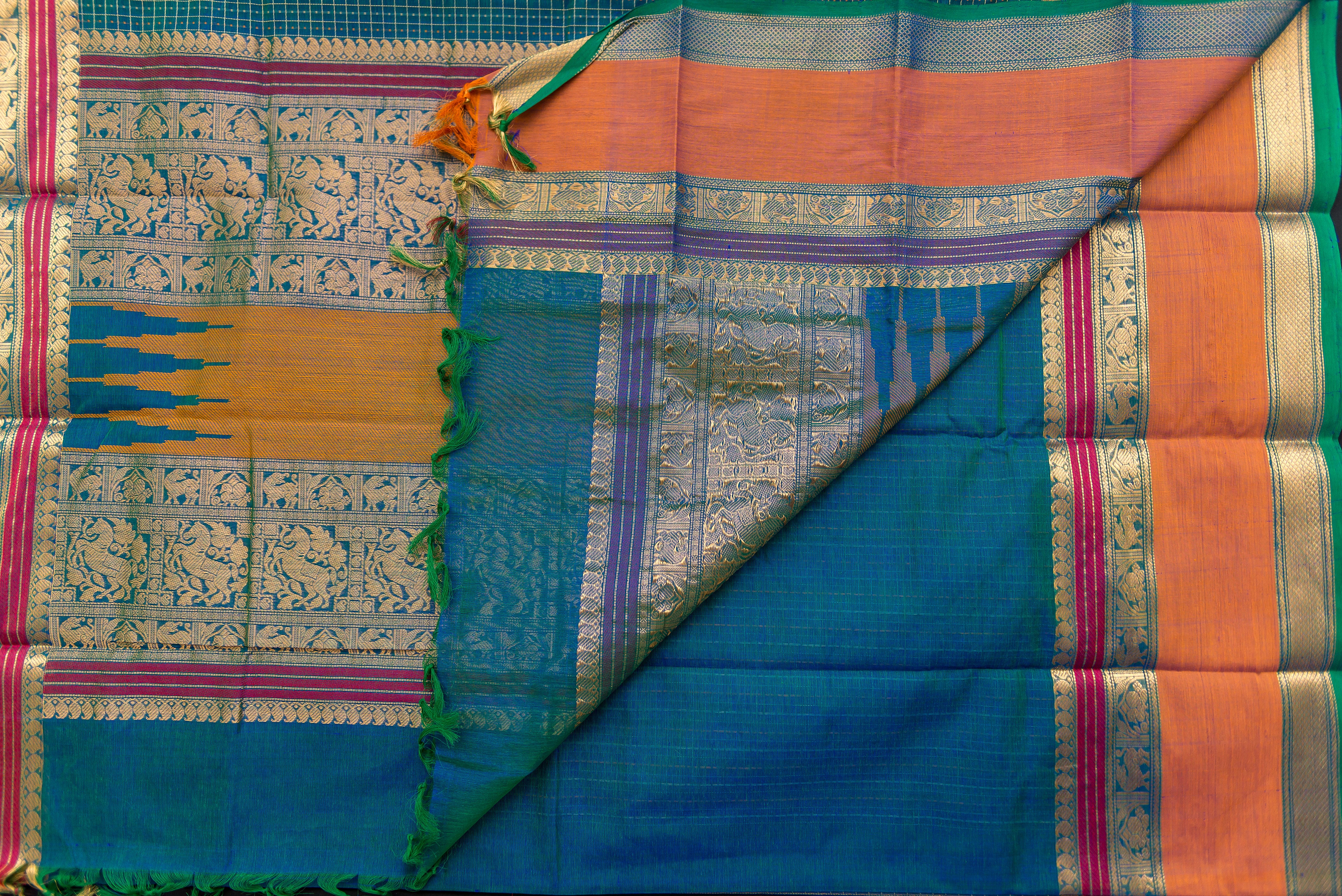 Striking Dual-Tone Peacock Blue Silk Cotton Saree with Mustard and Gold Pallu