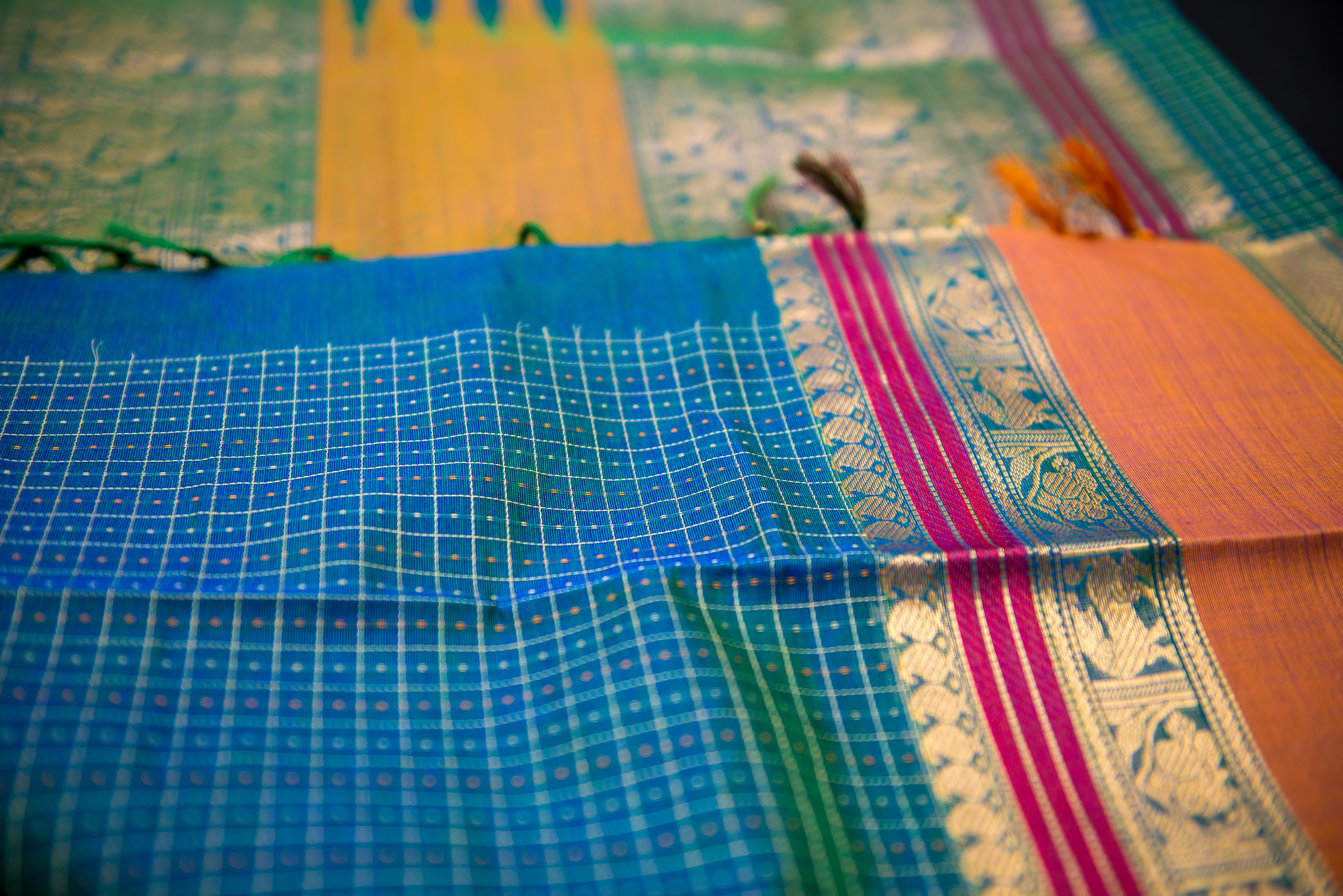 Striking Dual-Tone Peacock Blue Silk Cotton Saree with Mustard and Gold Pallu