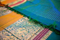 Striking Dual-Tone Peacock Blue Silk Cotton Saree with Mustard and Gold Pallu