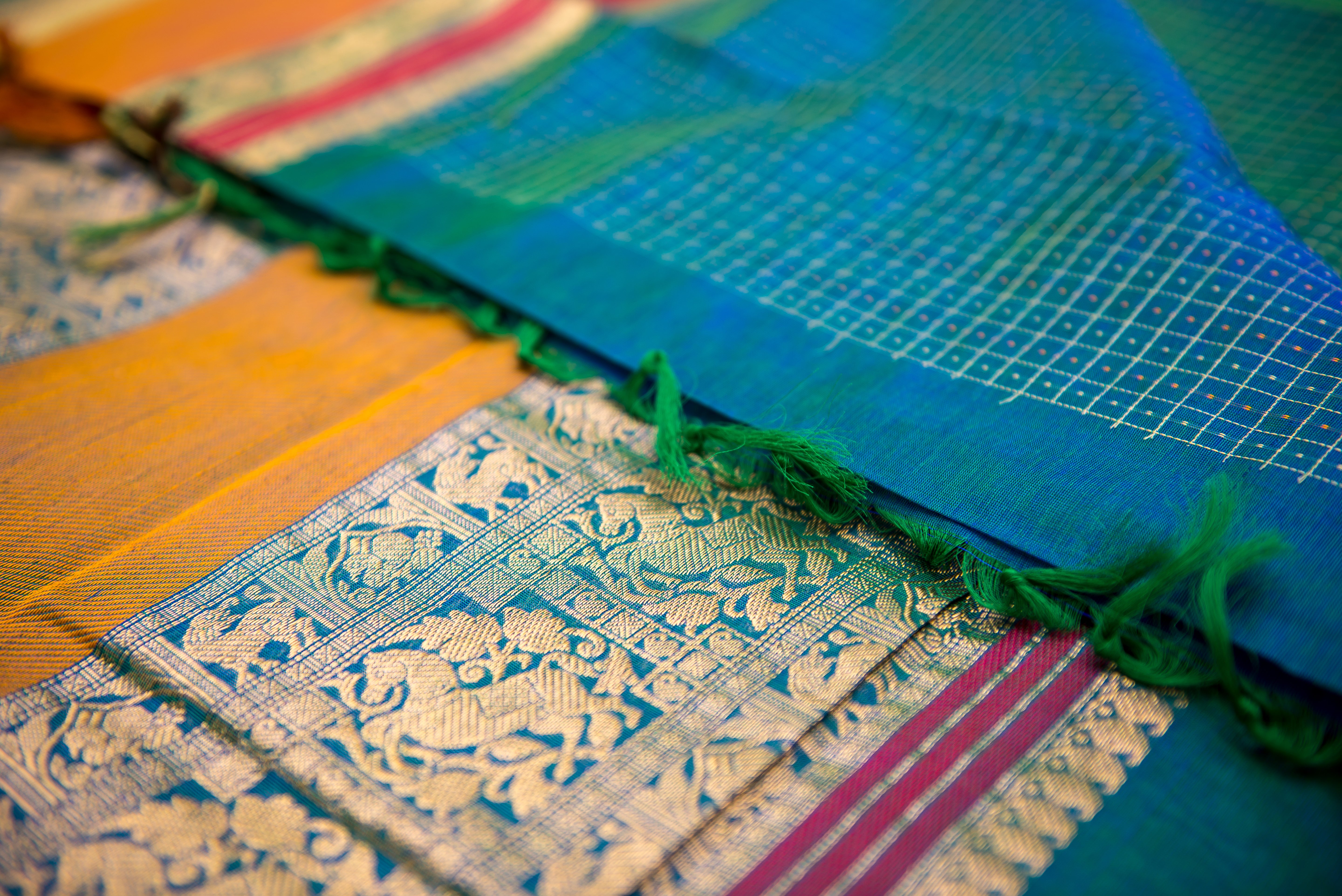 Striking Dual-Tone Peacock Blue Silk Cotton Saree with Mustard and Gold Pallu