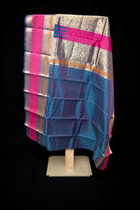 Striking Dual-Tone Blue Silk Cotton Saree with Pink and Gold Pallu