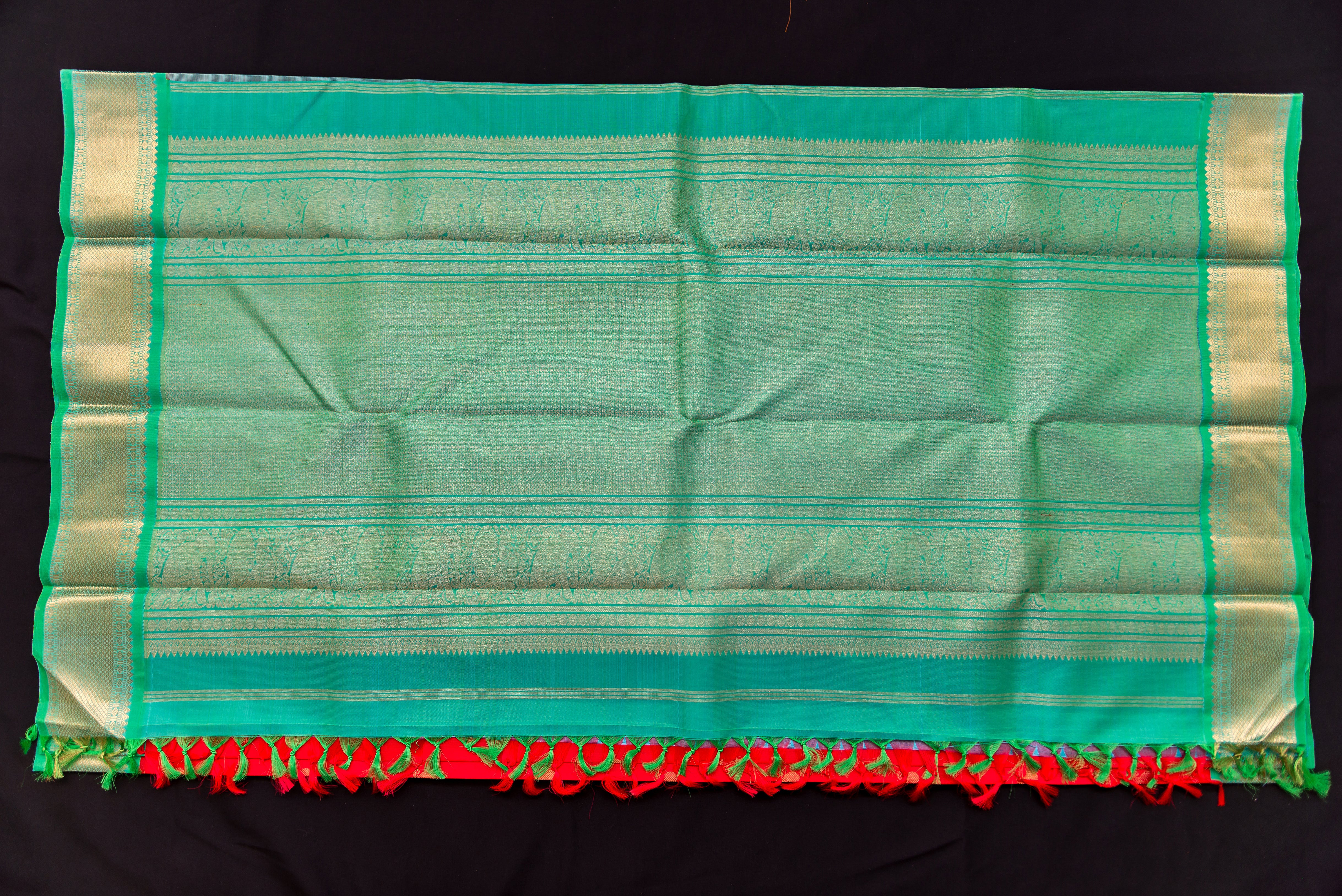 Striking Red Pure Silk Saree with Teal Pallu and Border