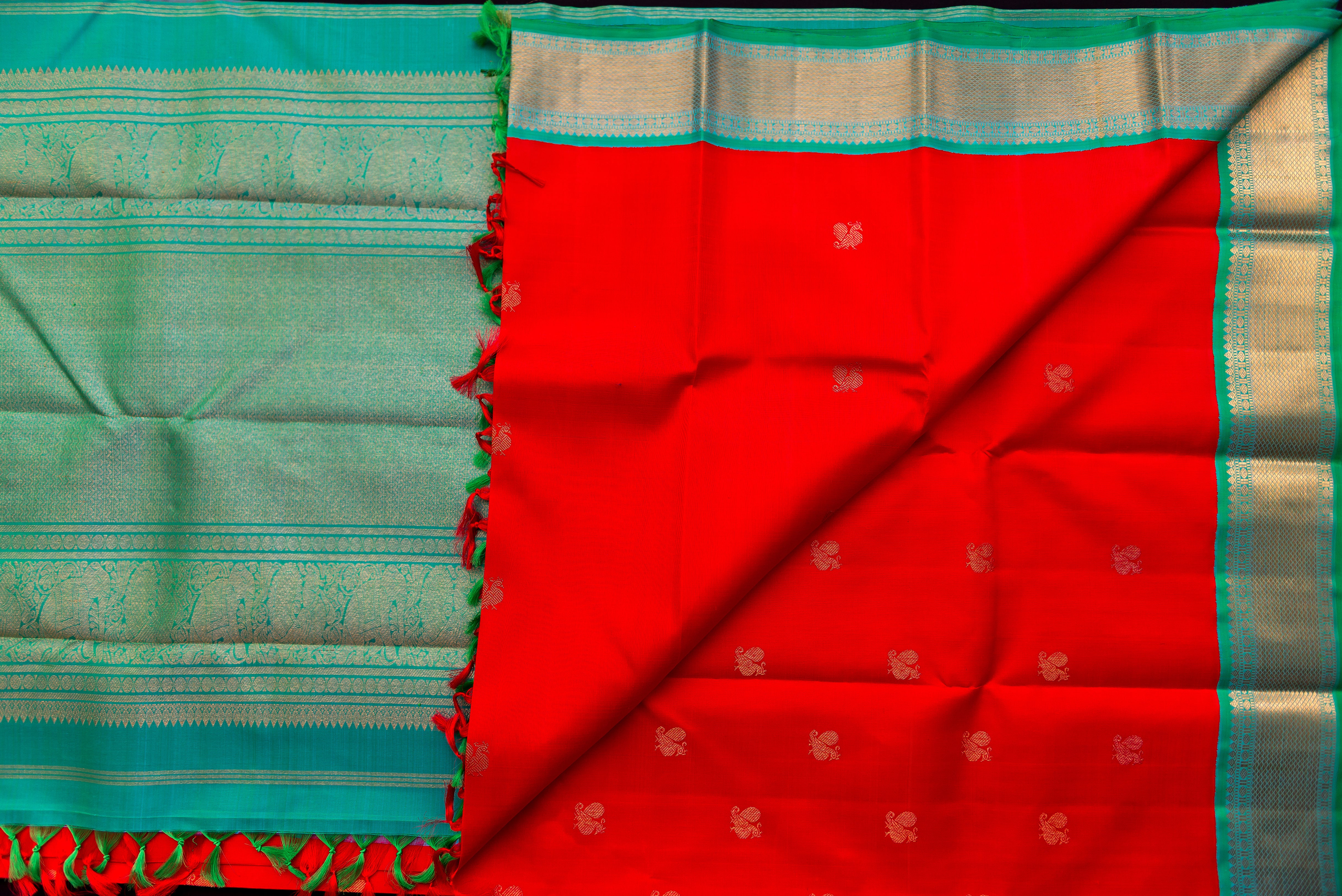 Striking Red Pure Silk Saree with Teal Pallu and Border