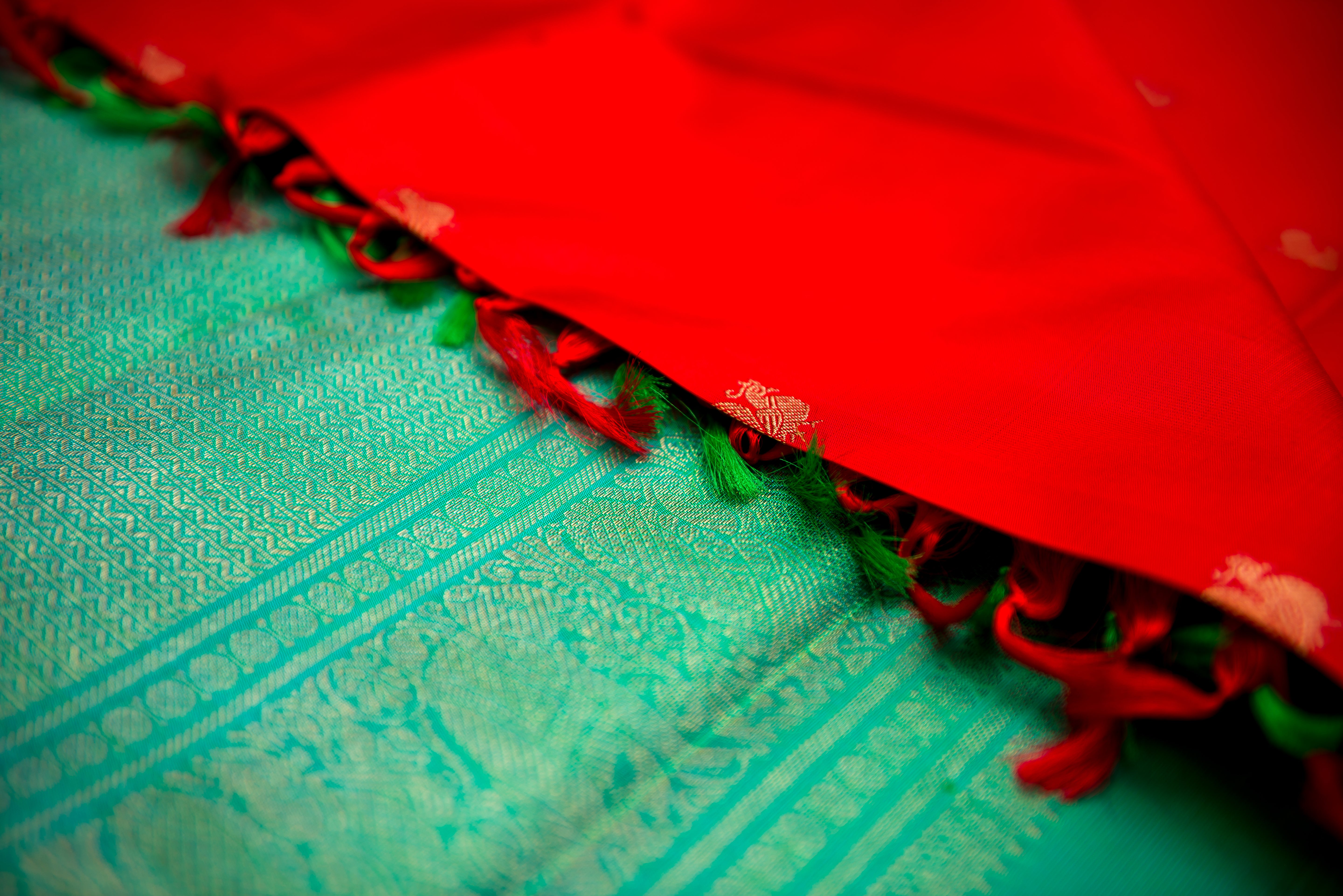 Striking Red Pure Silk Saree with Teal Pallu and Border