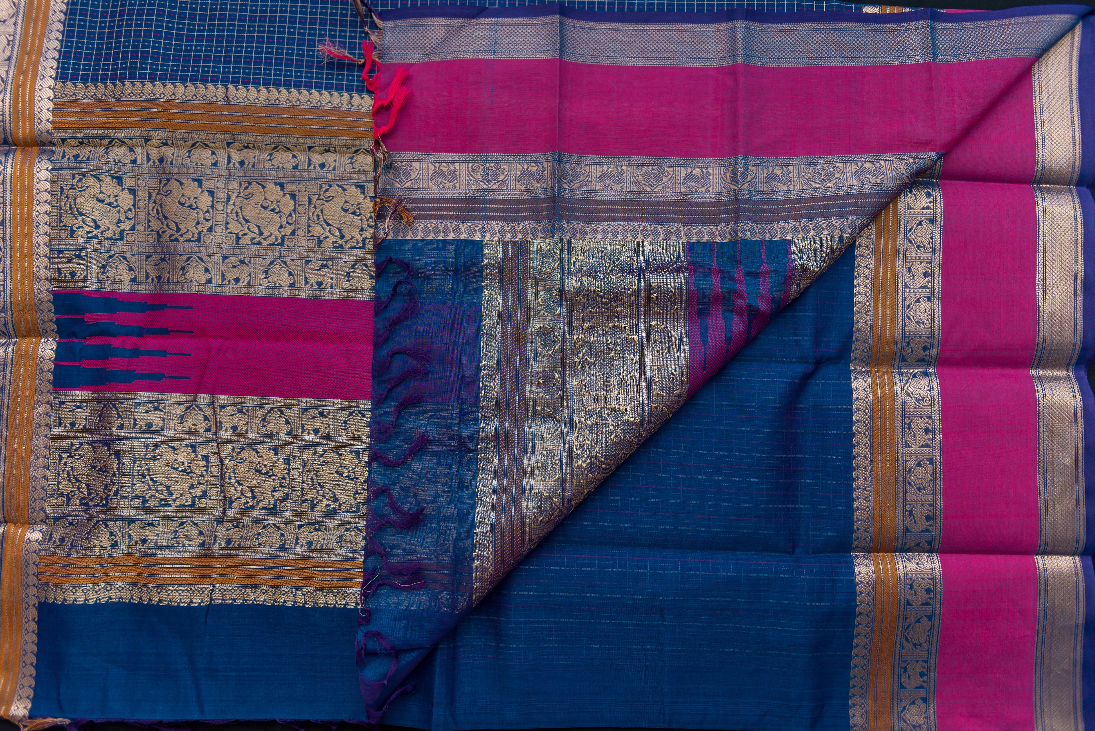 Striking Dual-Tone Blue Silk Cotton Saree with Pink and Gold Pallu