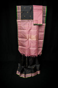 Sophisticated Black Pure Silk Saree with Rose Pink and Gold Pallu