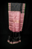 Sophisticated Black Pure Silk Saree with Rose Pink and Gold Pallu