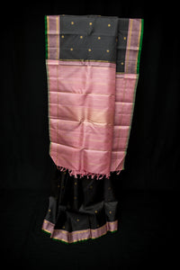 Sophisticated Black Pure Silk Saree with Rose Pink and Gold Pallu
