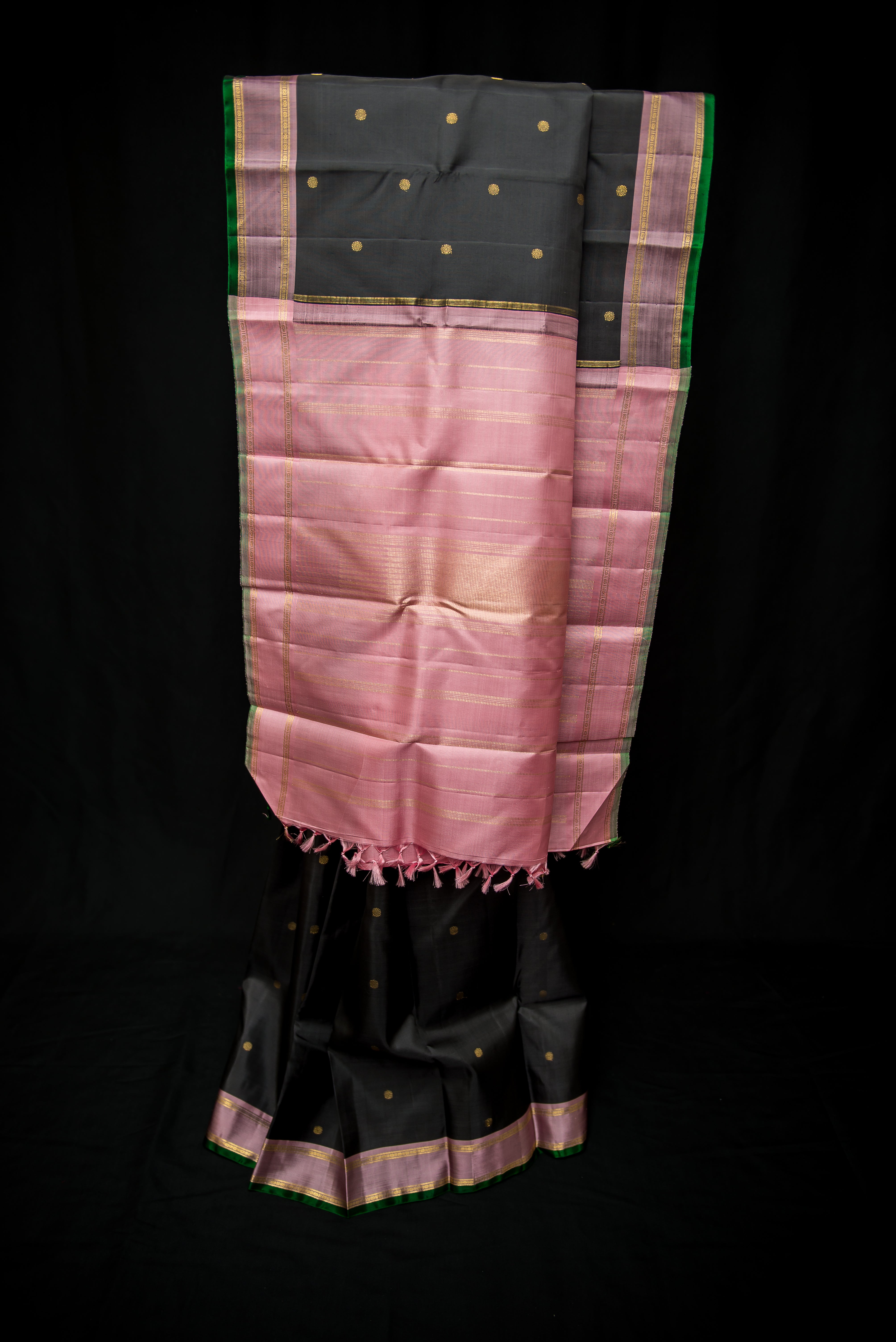 Sophisticated Black Pure Silk Saree with Rose Pink and Gold Pallu