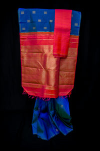 Cobalt Blue & Bright Pink Silk Saree with Kolam Zari Buttas