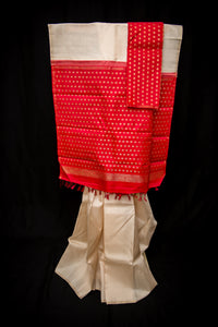 Luminous Cream and Red Pure Silk Saree with Gold Buttas