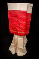 Luminous Cream and Red Pure Silk Saree with Gold Buttas