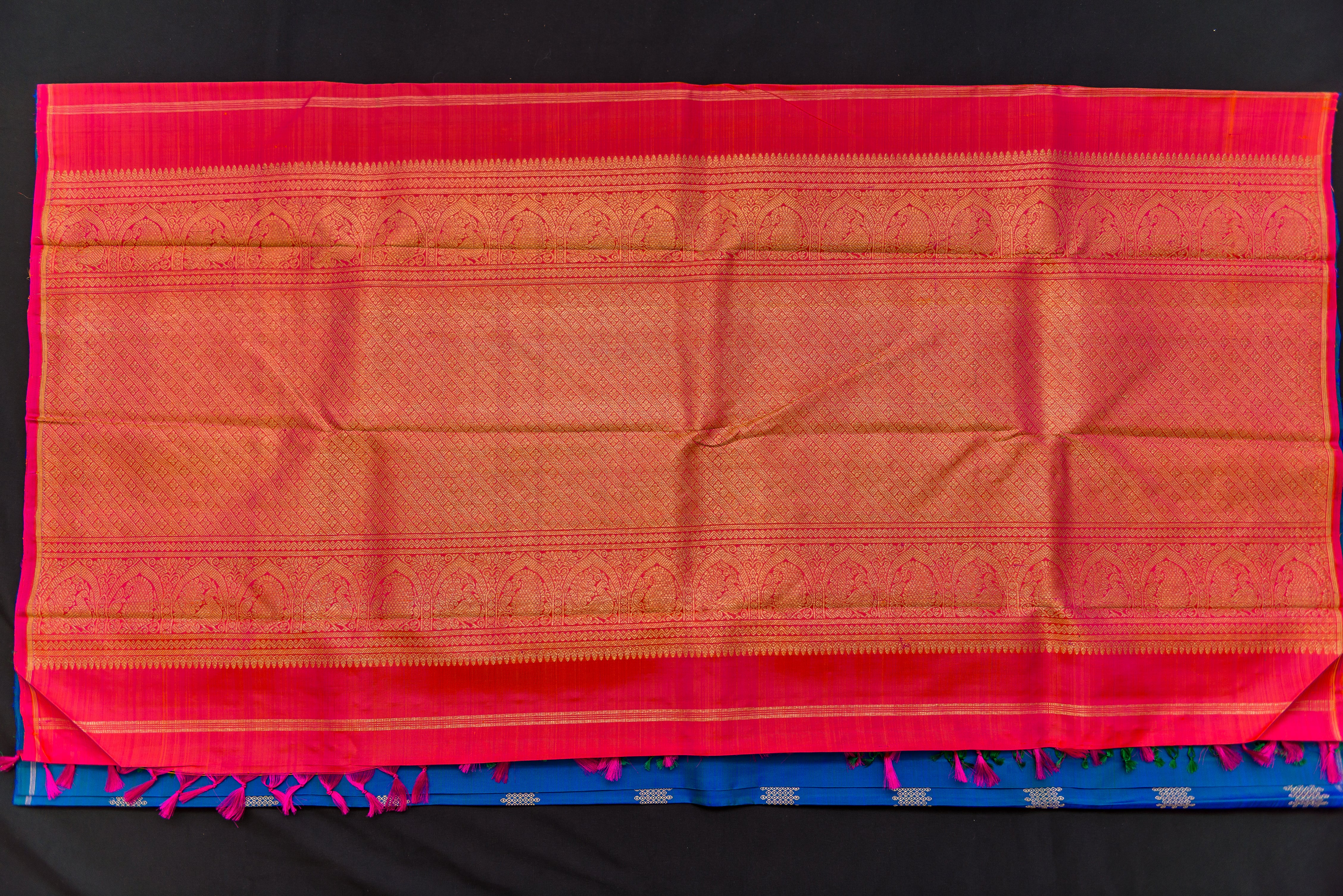 Cobalt Blue & Bright Pink Silk Saree with Kolam Zari Buttas