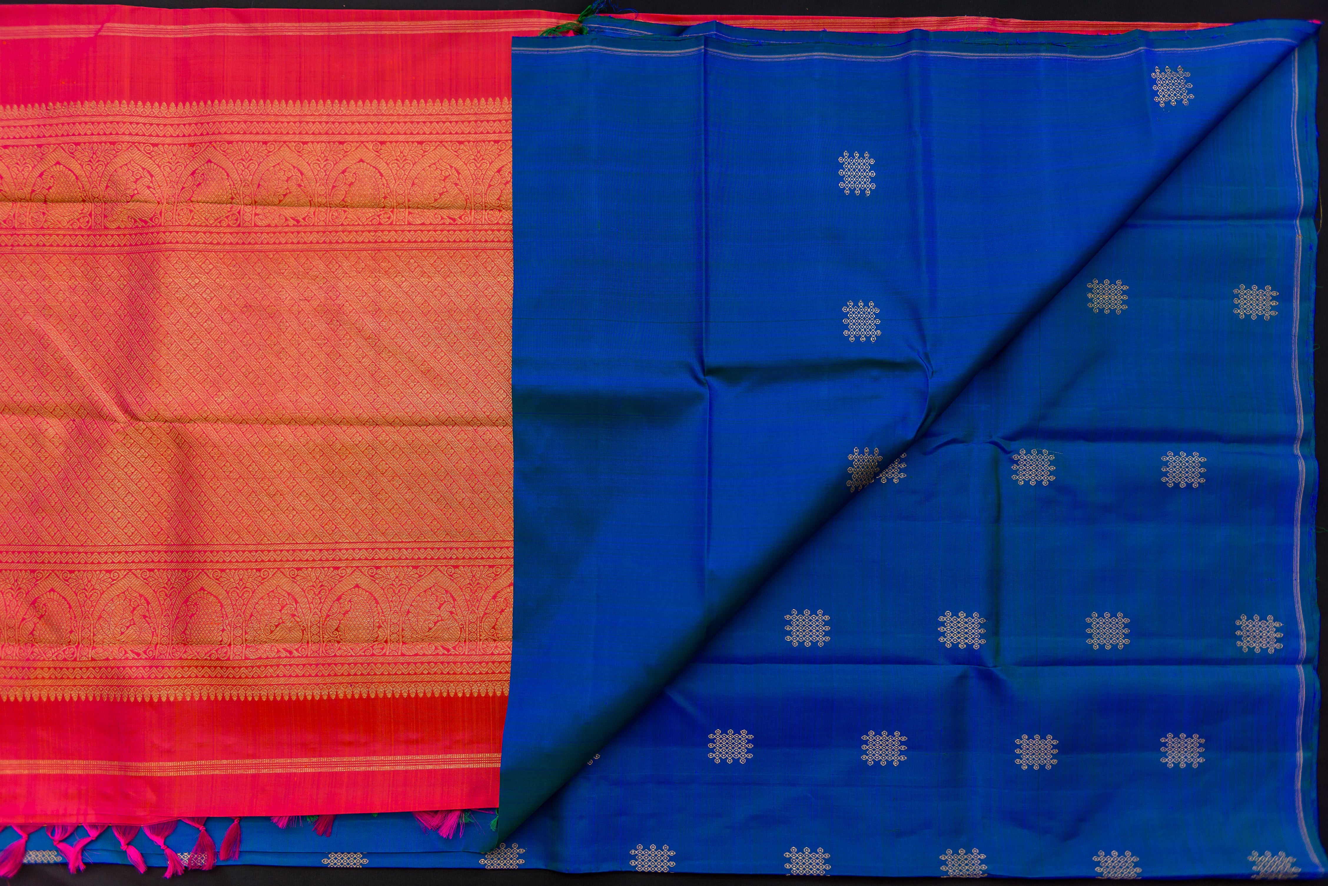 Cobalt Blue & Bright Pink Silk Saree with Kolam Zari Buttas
