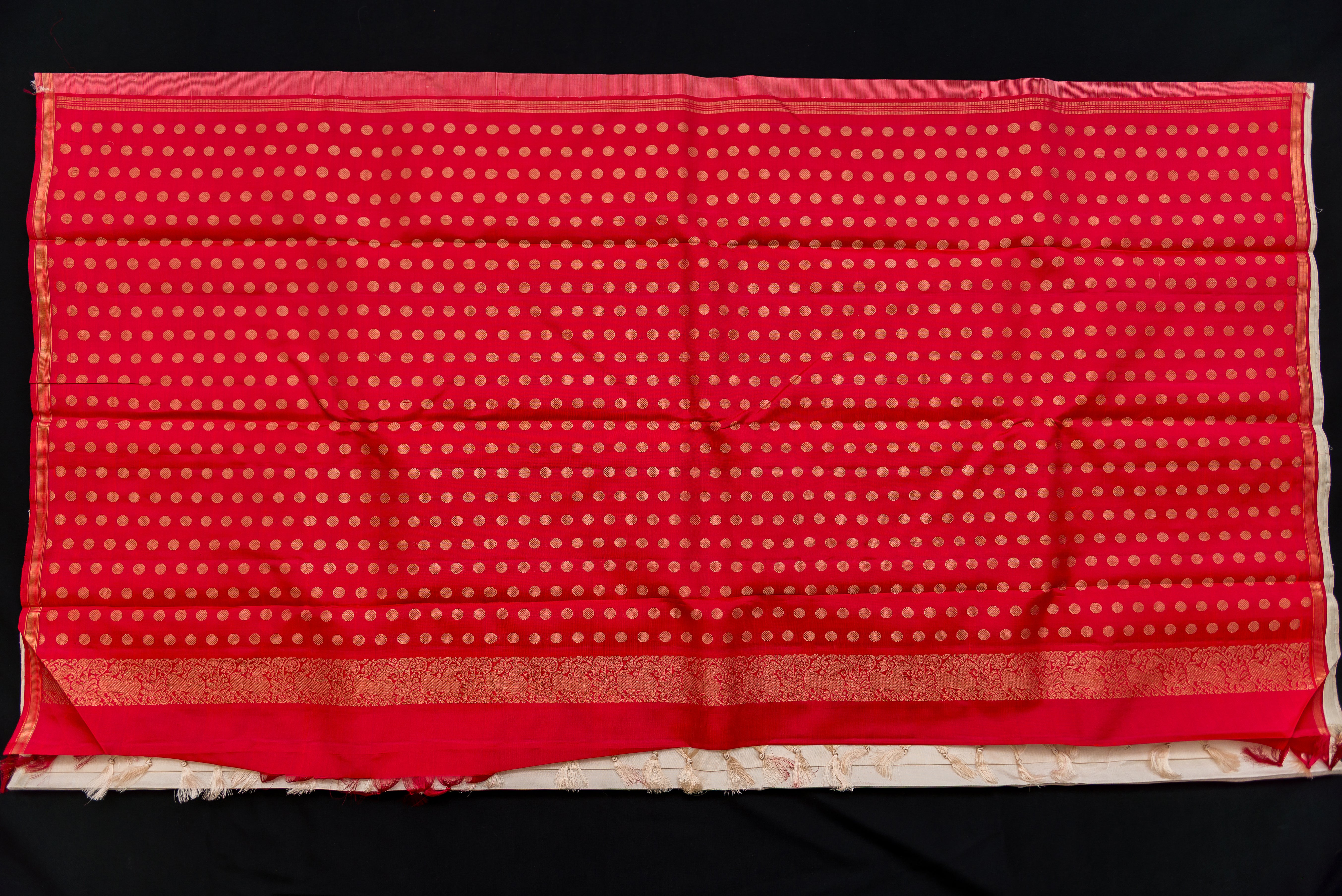 Luminous Cream and Red Pure Silk Saree with Gold Buttas