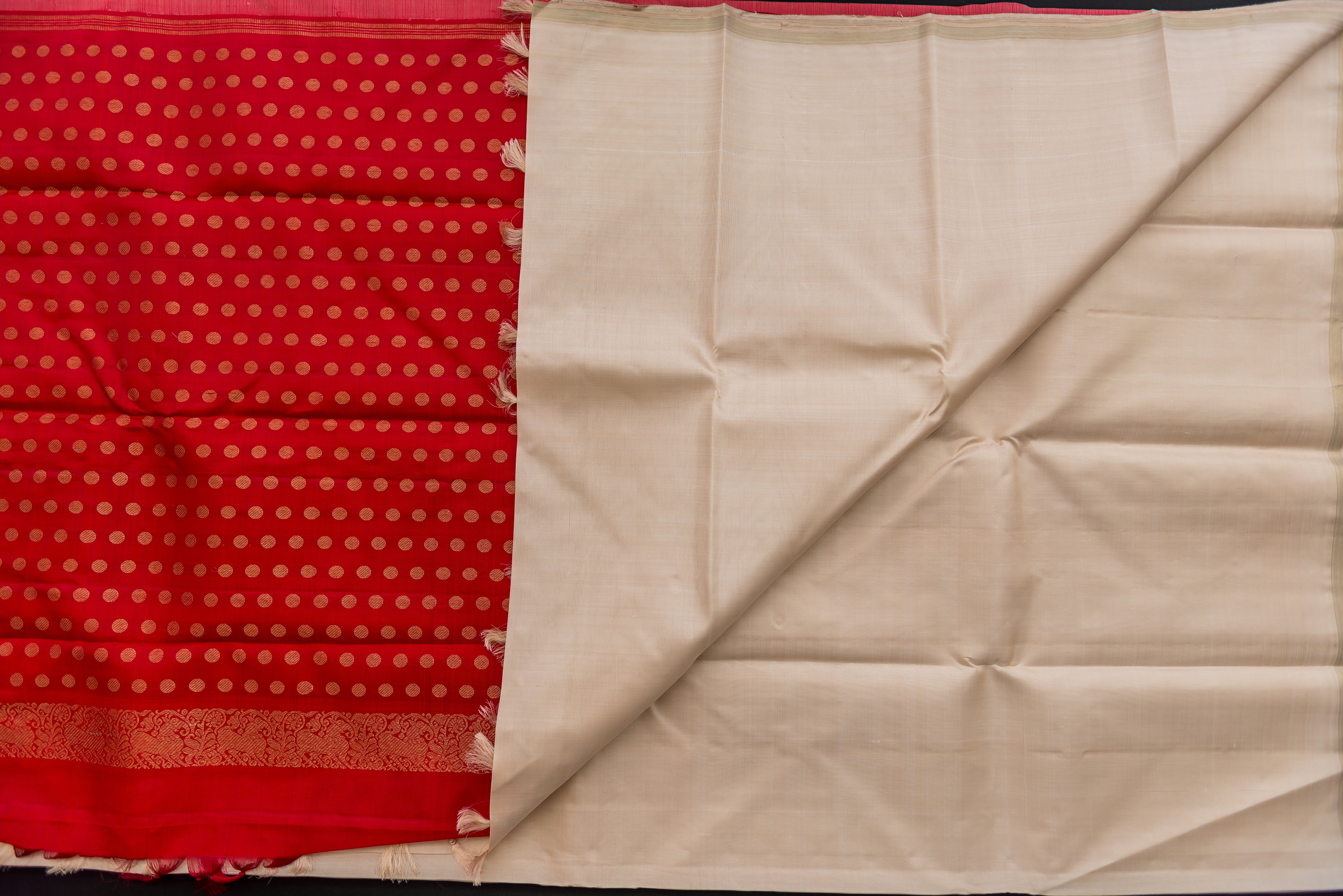 Luminous Cream and Red Pure Silk Saree with Gold Buttas