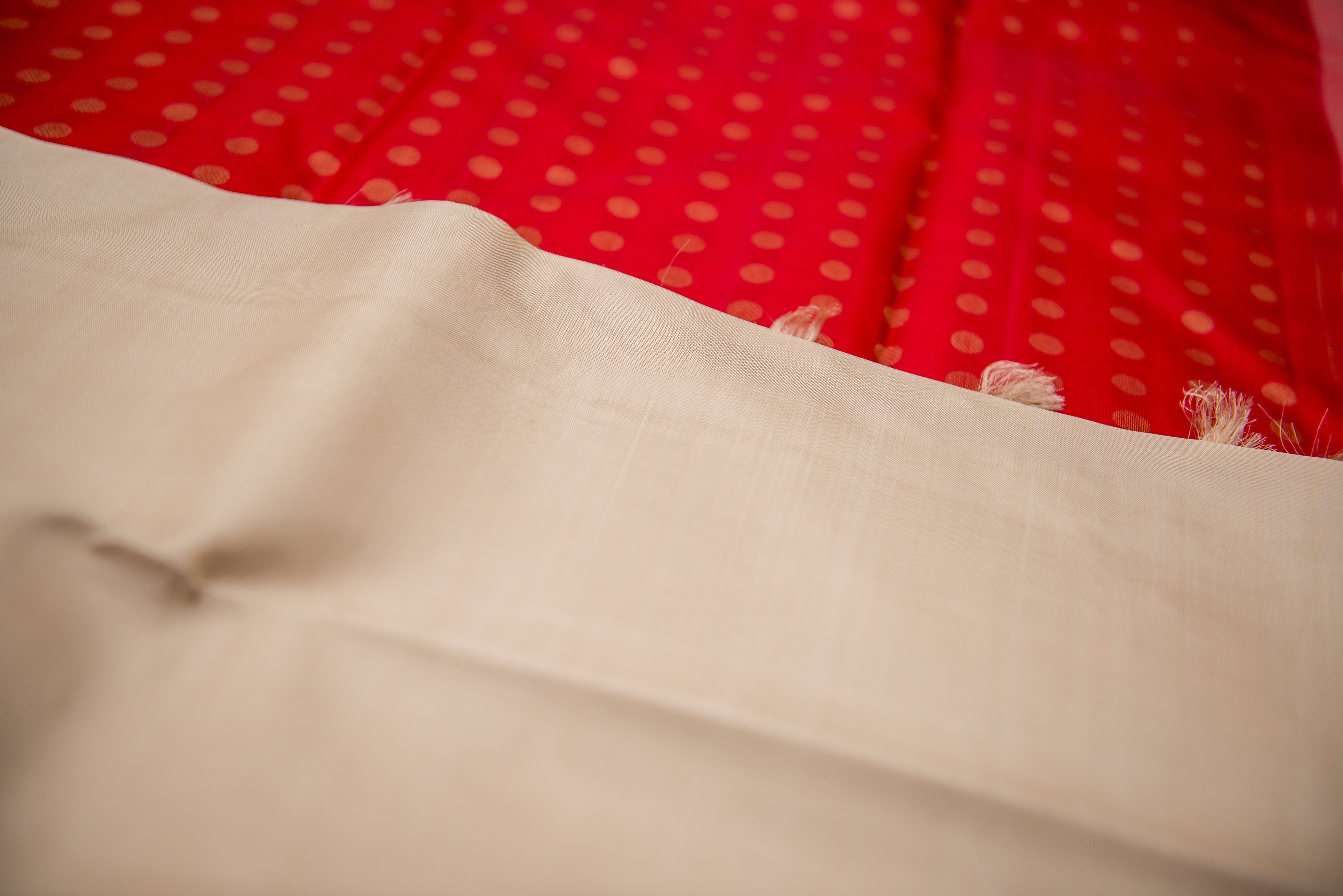 Luminous Cream and Red Pure Silk Saree with Gold Buttas