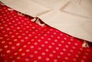 Luminous Cream and Red Pure Silk Saree with Gold Buttas