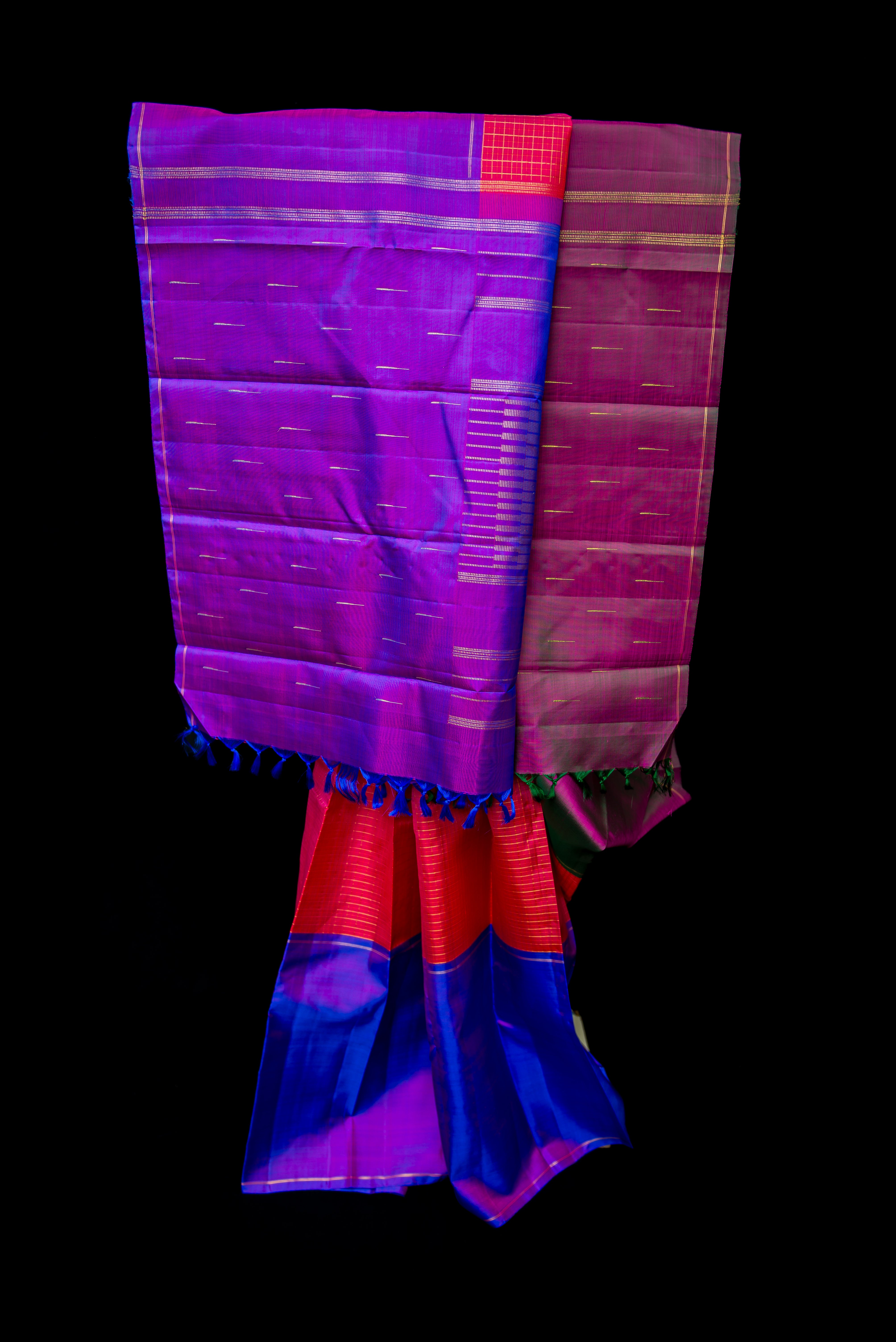 Dazzling Dual-Tone Mubbagam Pure Silk Saree in Purple and Pink