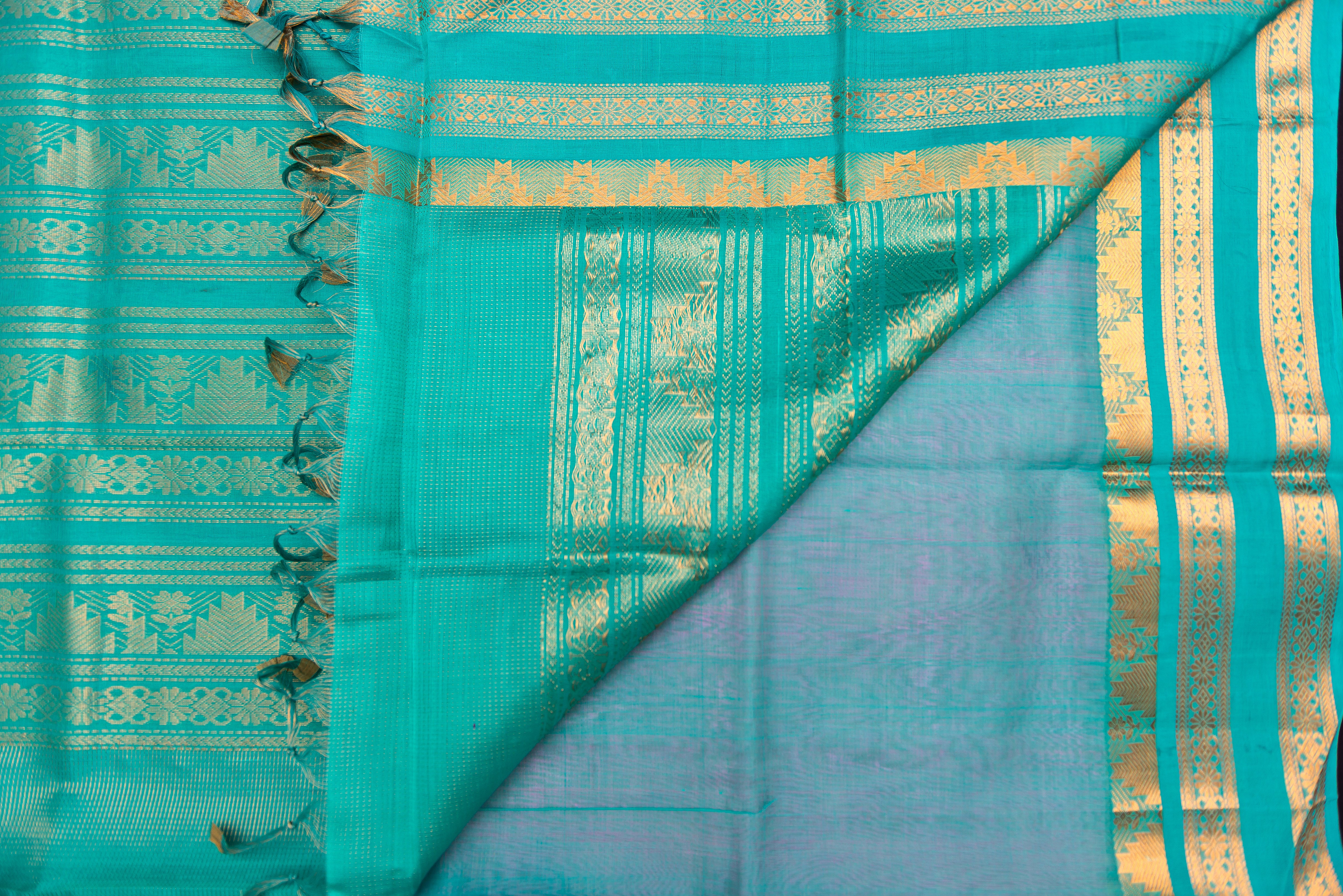 Baby Pink Vairaoosi Silk Cotton Saree with a Sea Green Pallu