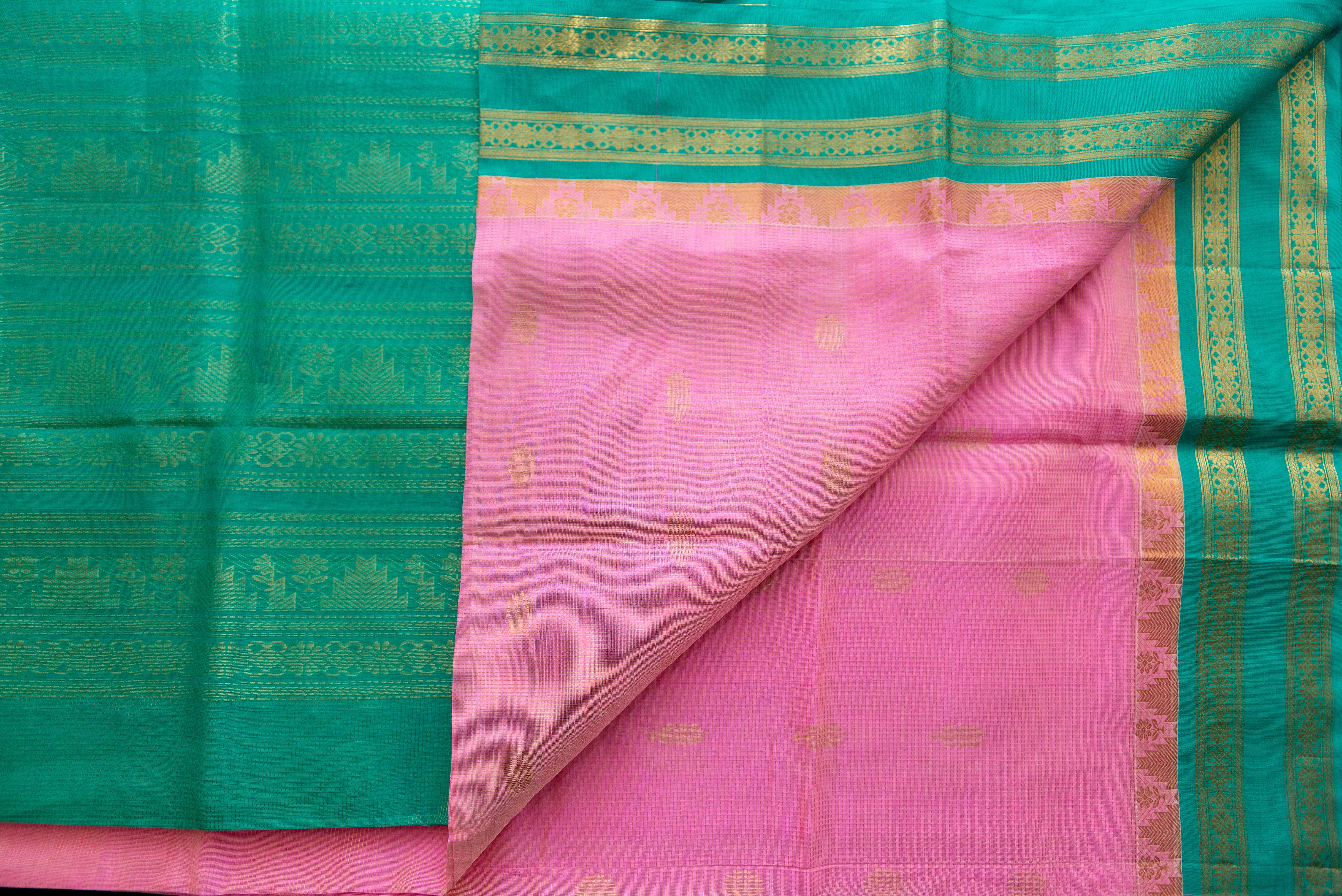 Baby Pink Vairaoosi Silk Cotton Saree with a Sea Green Pallu