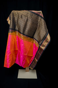 Sunset Coral and Black Silk Cotton Saree